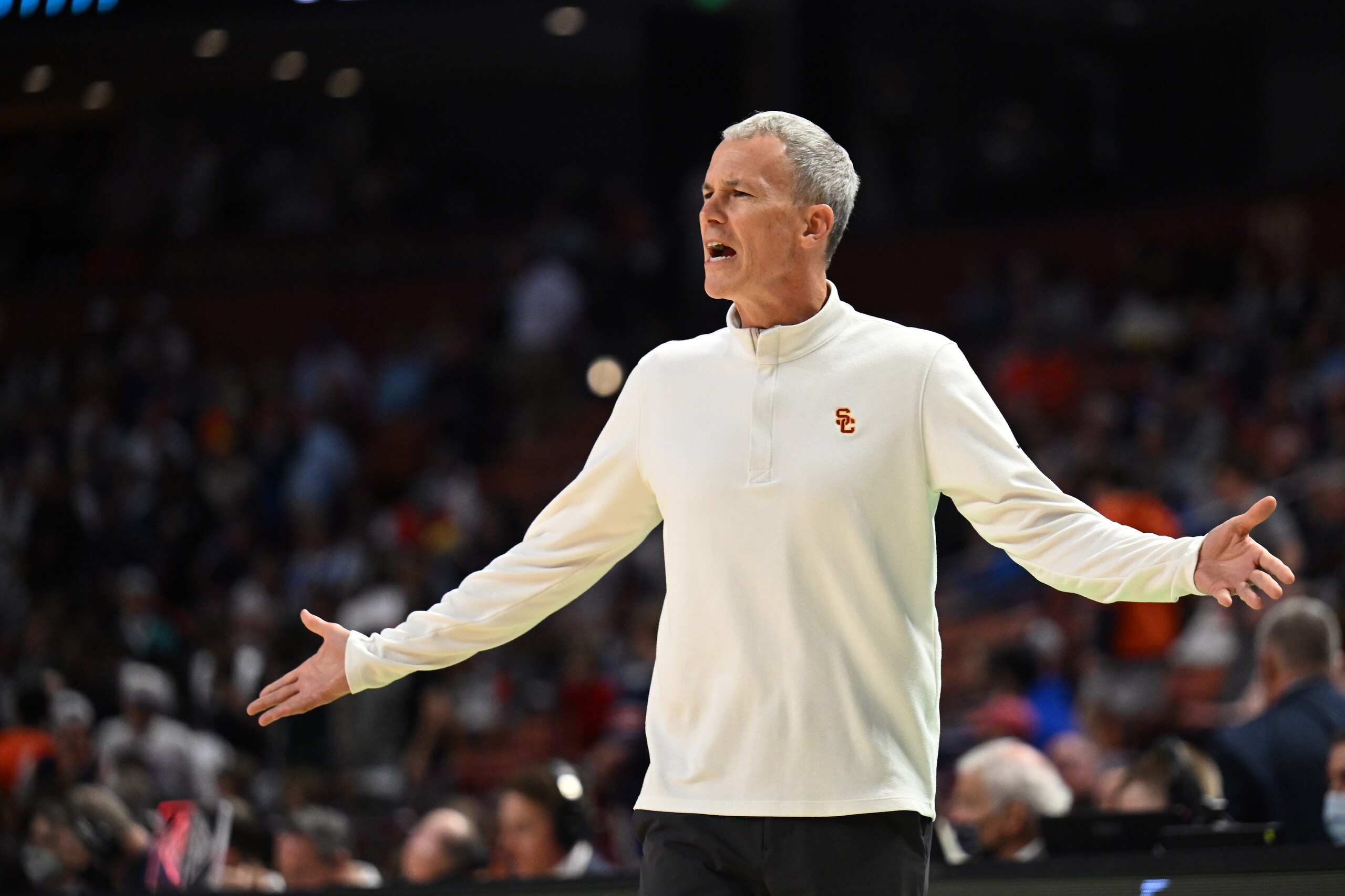 GREENVILLE, SC - MARCH 18: Head coach Andy Enfield of the USC Trojans reacts to the action against the Miami Hurricanes during the first round of the 2022 NCAA Men's Basketball Tournament held at Bon Secours Wellness Arena on March 18, 2022 in Greenville, South Carolina. (Photo by Grant Halverson/NCAA Photos via Getty Images)