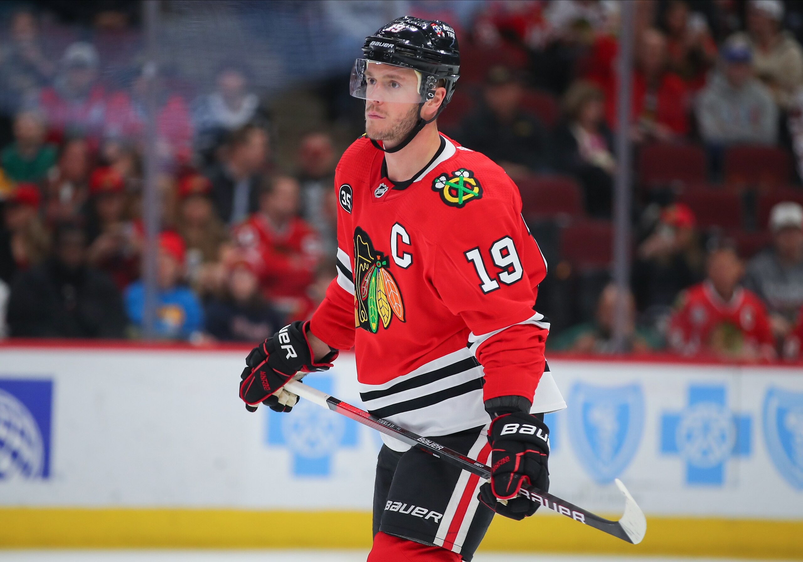 CHICAGO, IL - MARCH 15: Chicago Blackhawks center Jonathan Toews (19) looks on during a game between the Boston Bruins and the Chicago Blackhawks on March 15, 2022 at the United Center in Chicago, IL. (Photo by Melissa Tamez/Icon Sportswire via Getty Images)