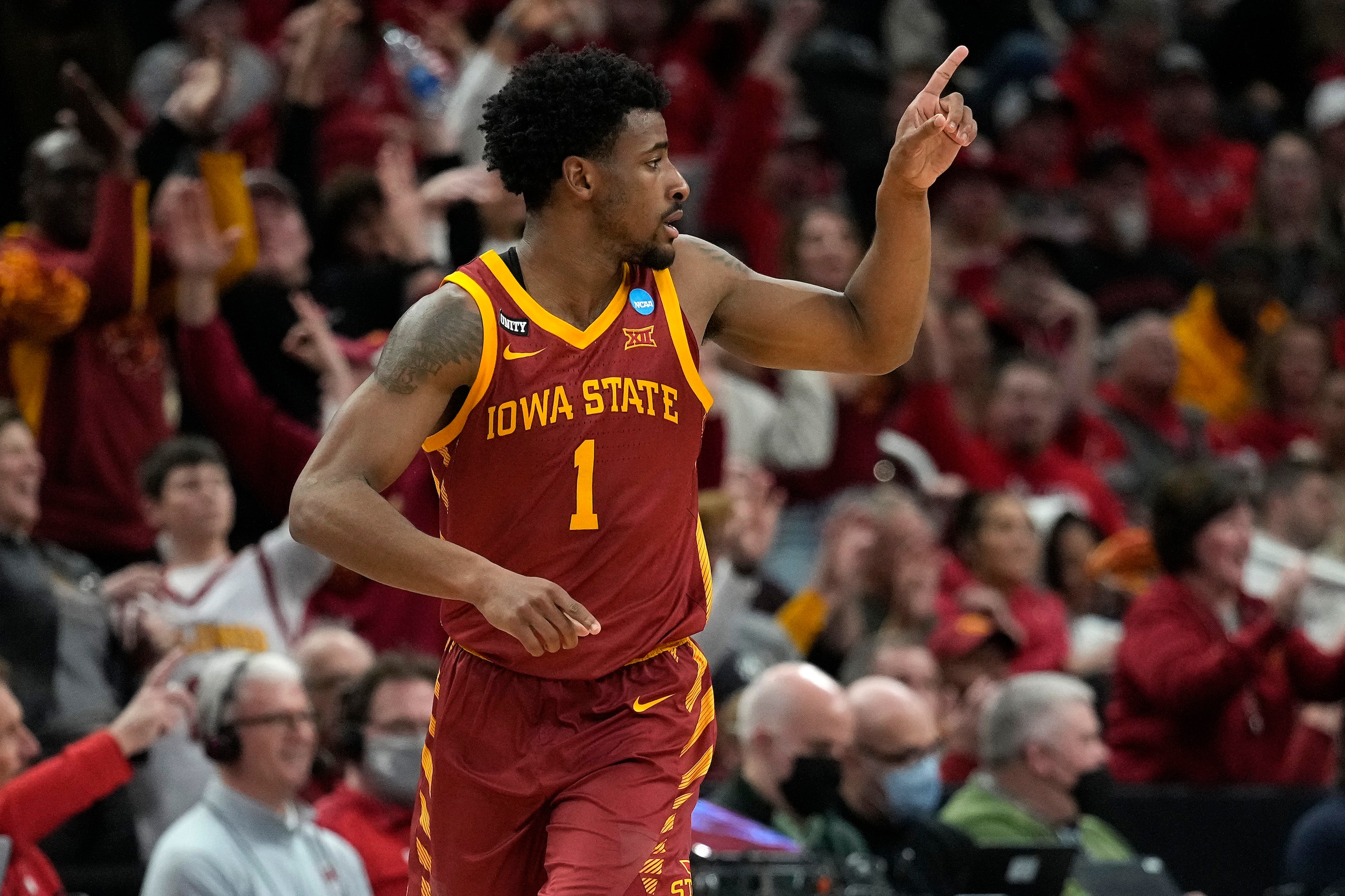 MILWAUKEE, WISCONSIN - MARCH 18: Izaiah Brockington #1 of the Iowa State Cyclones celebrates after a three point shot against the LSU Tigers in the second half during the first round of the 2022 NCAA Men's Basketball Tournament at Fiserv Forum on March 18, 2022 in Milwaukee, Wisconsin. (Photo by Patrick McDermott/Getty Images)