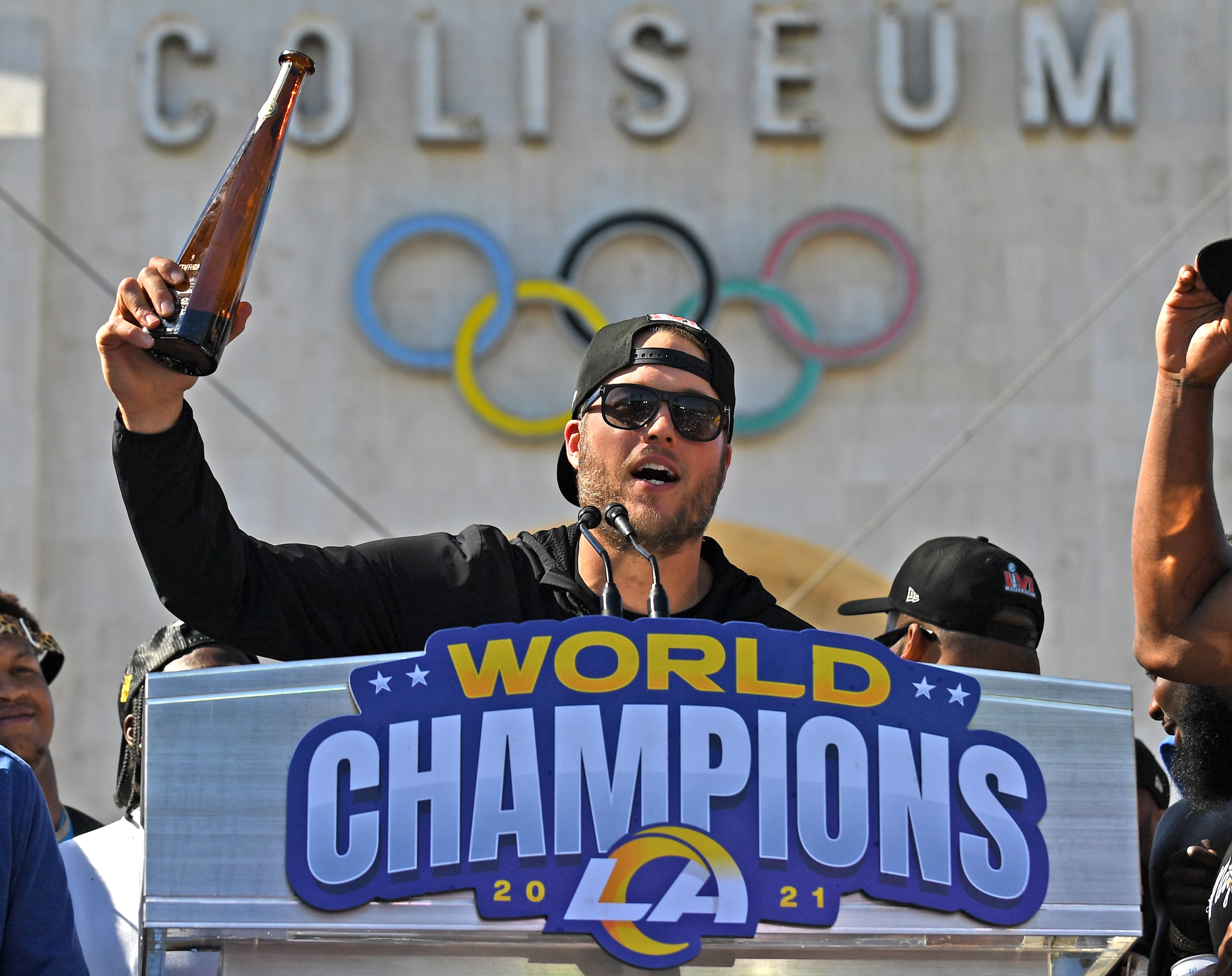 Los Angeles, California February 16, 2022: Rams quarterback Matthew Stafford celebrates their Super Bowl championship in front of the Coliseum Wednesday. (Wally Skalij/Los Angeles Times via Getty Images)
