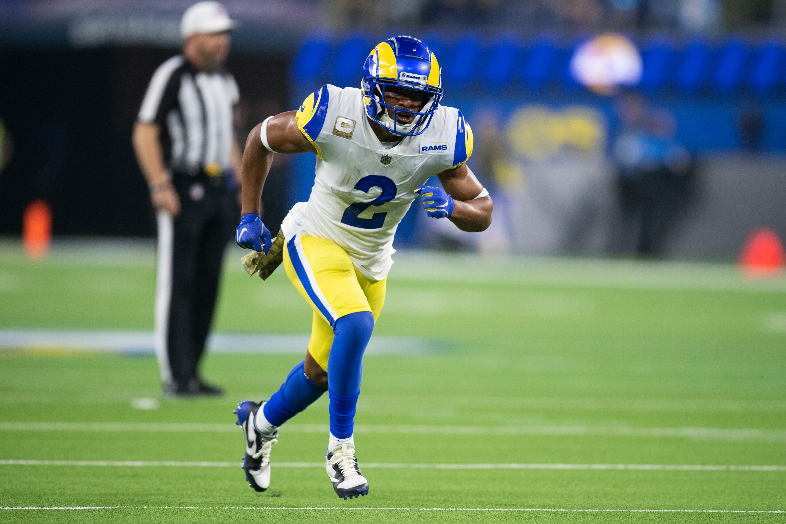 Los Angeles Rams wide receiver Robert Woods (2) runs during an NFL football game against the Tennessee Titans Sunday, Nov. 7, 2021, in Inglewood, Calif. (AP Photo/Kyusung Gong)