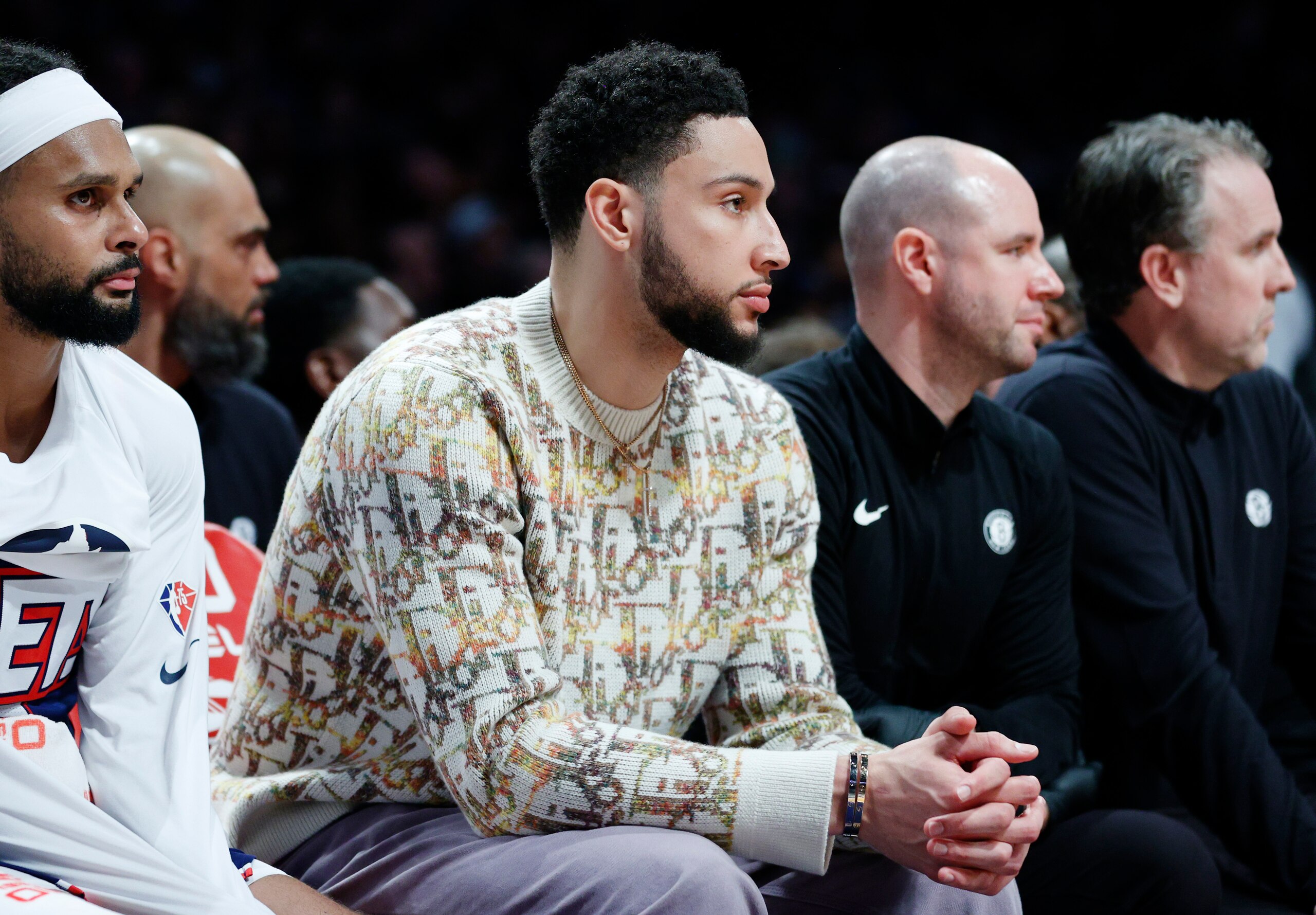 NEW YORK, NEW YORK - MARCH 18: Ben Simmons #10 of the Brooklyn Nets looks on from the bench during the first half against the Portland Trail Blazers at Barclays Center on March 18, 2022 in the Brooklyn borough of New York City. NOTE TO USER: User expressly acknowledges and agrees that, by downloading and or using this photograph, User is consenting to the terms and conditions of the Getty Images License Agreement. (Photo by Sarah Stier/Getty Images)