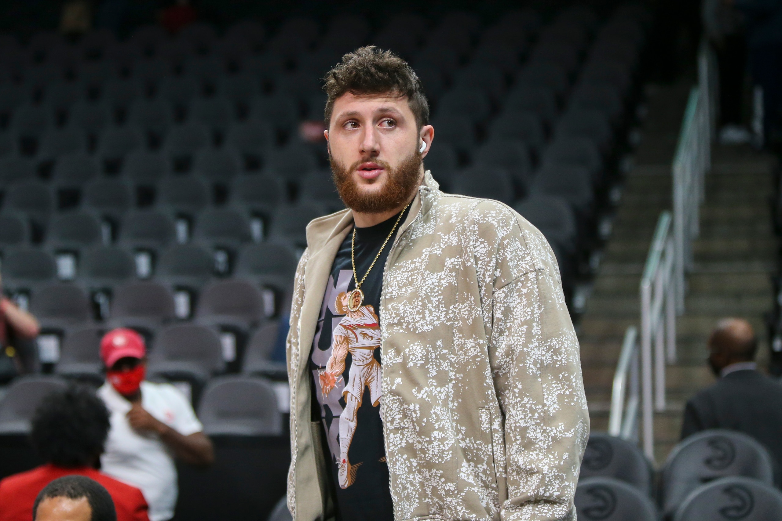 Portland Trail Blazers center Jusuf Nurkic on the court before an NBA basketball game against the Atlanta Hawks, Monday, March 14, 2022, in Atlanta. (AP Photo/Brett Davis)