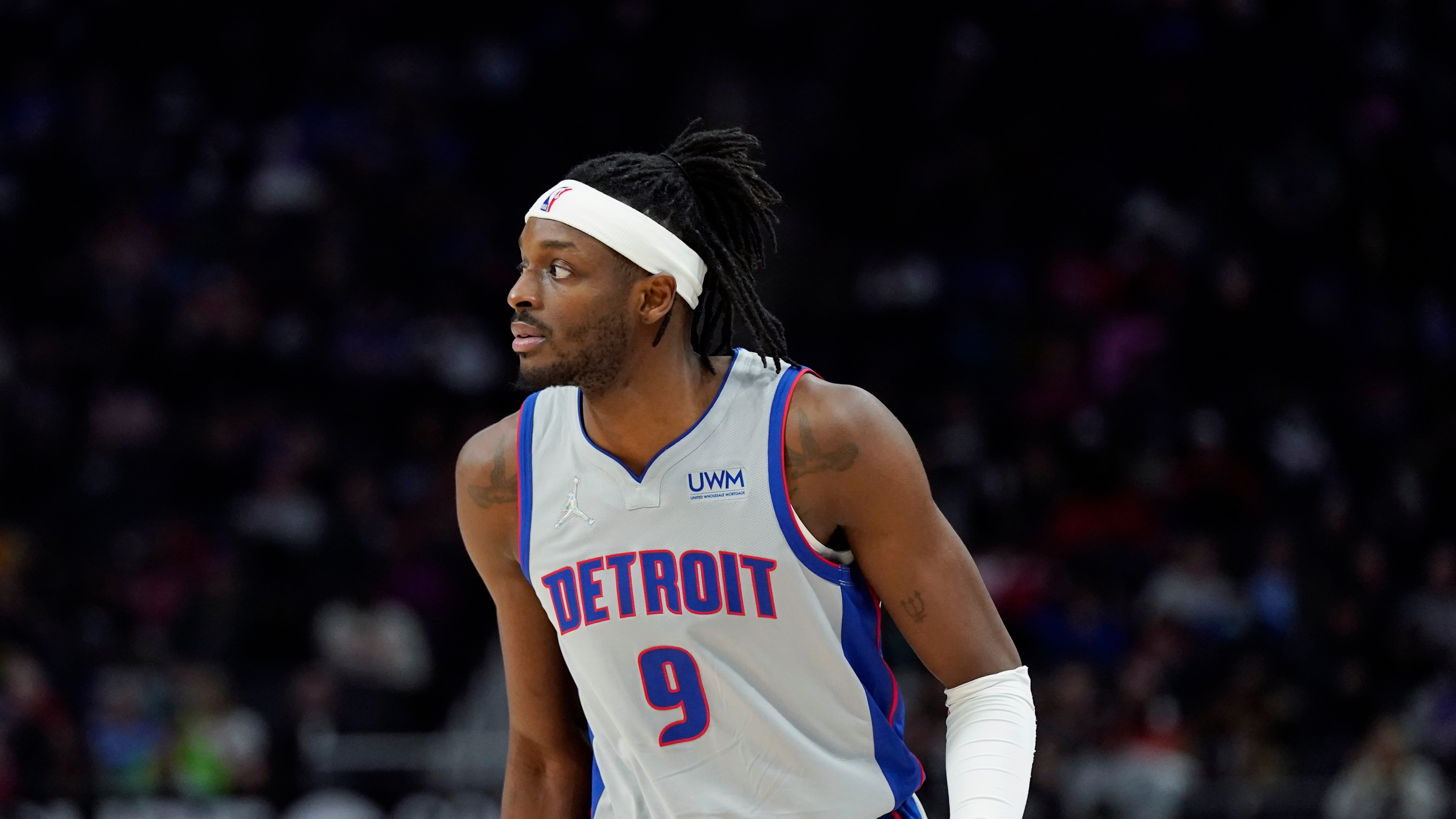 Detroit Pistons forward Jerami Grant plays during the first half of an NBA basketball game, Sunday, March 13, 2022, in Detroit. (AP Photo/Carlos Osorio)
