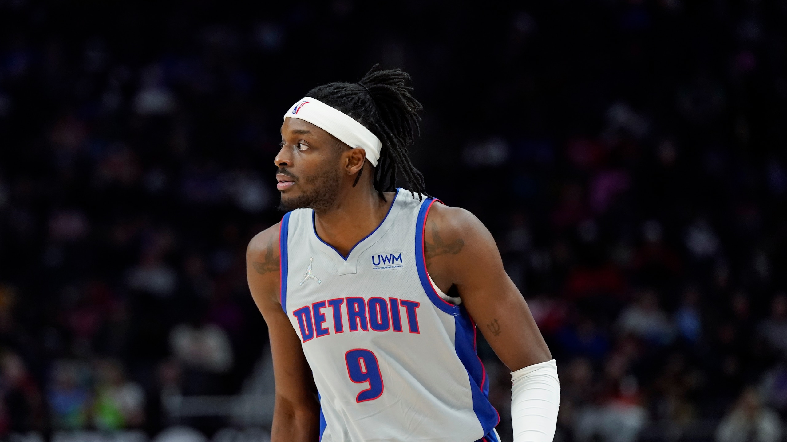 Detroit Pistons forward Jerami Grant plays during the first half of an NBA basketball game, Sunday, March 13, 2022, in Detroit. (AP Photo/Carlos Osorio)