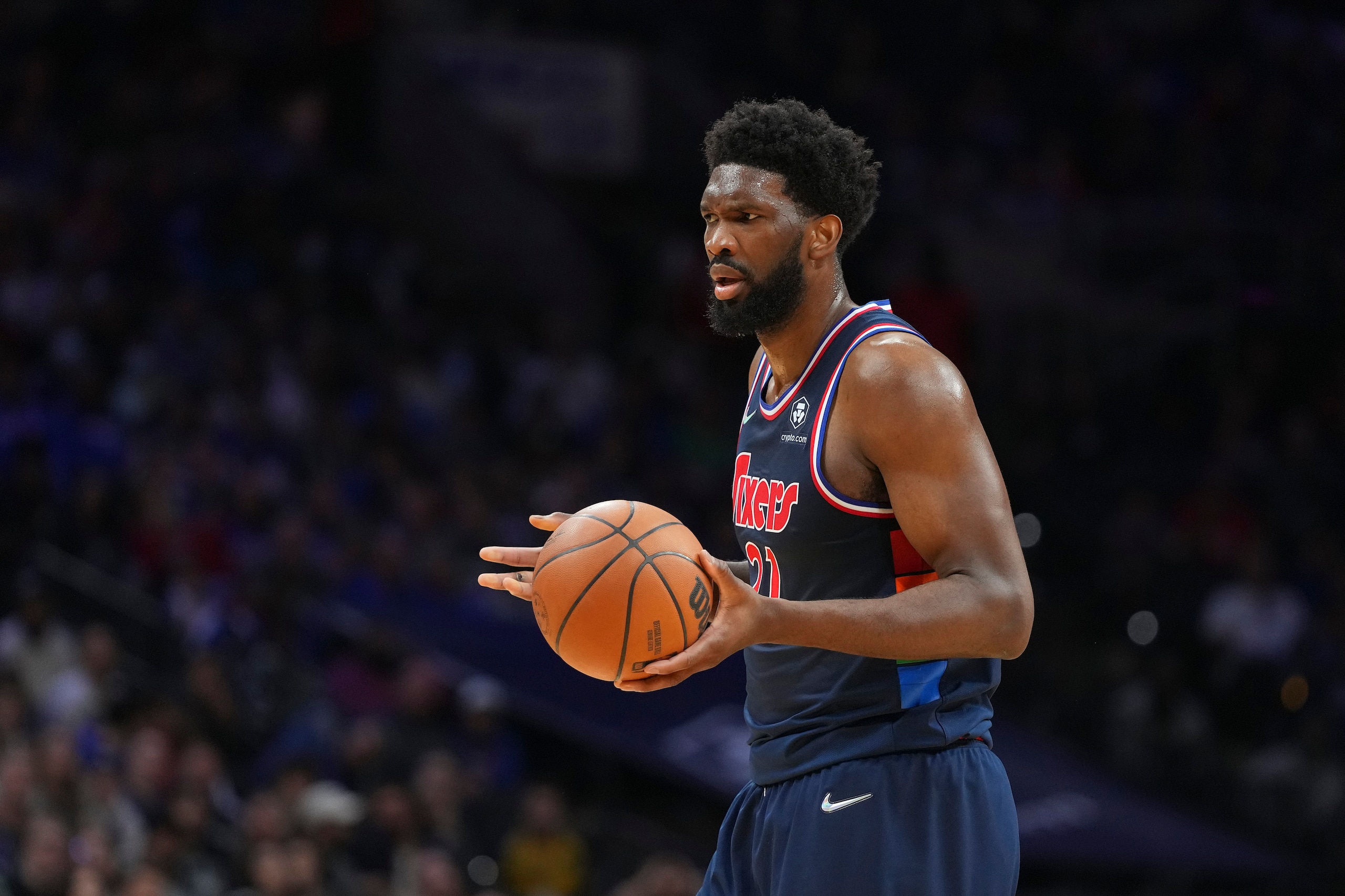 PHILADELPHIA, PA - MARCH 18: Joel Embiid #21 of the Philadelphia 76ers reacts against the Dallas Mavericks at the Wells Fargo Center on March 18, 2022 in Philadelphia, Pennsylvania. The 76ers defeated the Mavericks 111-101. NOTE TO USER: User expressly acknowledges and agrees that, by downloading and or using this photograph, User is consenting to the terms and conditions of the Getty Images License Agreement. (Photo by Mitchell Leff/Getty Images)