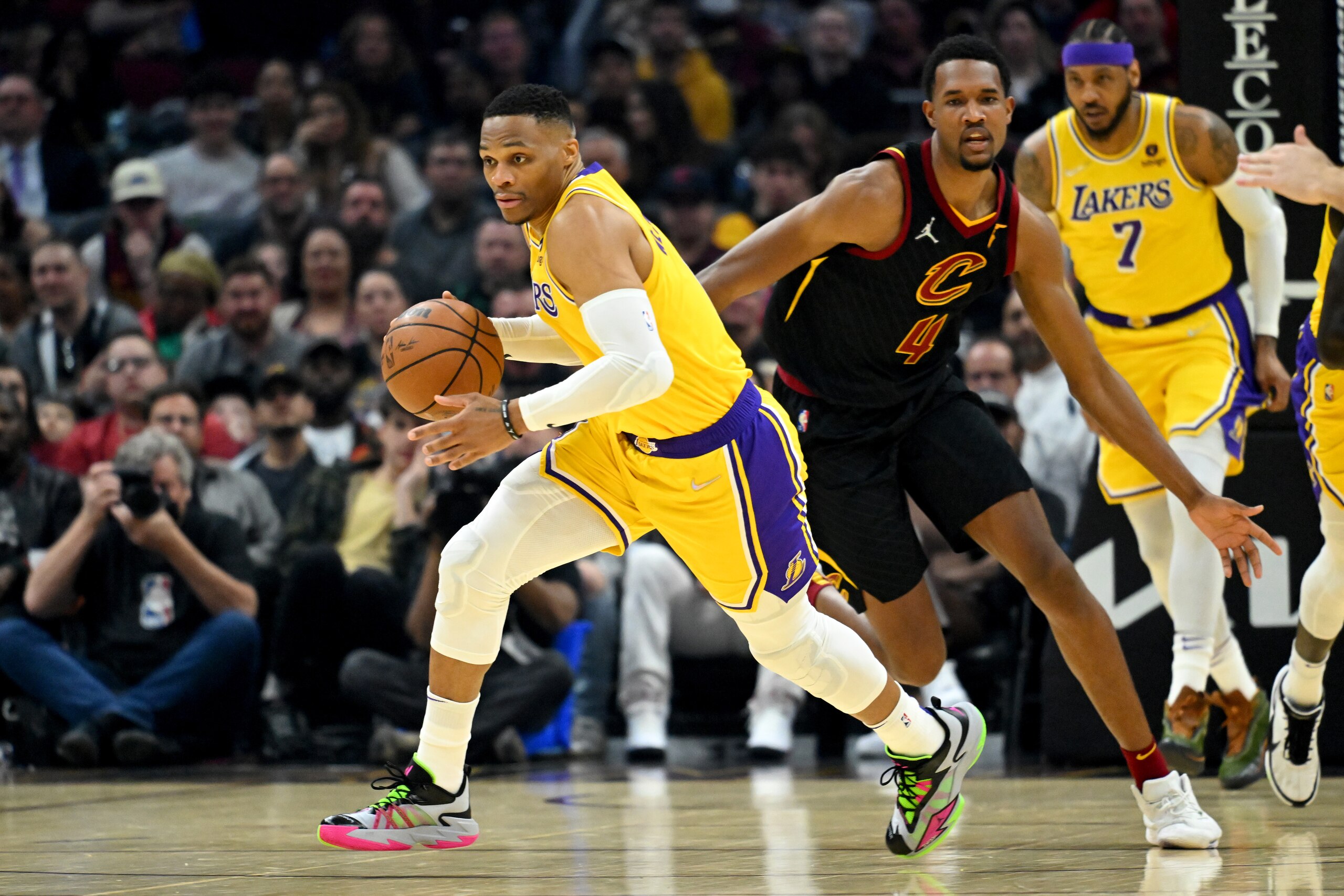 CLEVELAND, OHIO - MARCH 21: Russell Westbrook #0 of the Los Angeles Lakers brings the ball up court during the first quarter against the Cleveland Cavaliers at Rocket Mortgage Fieldhouse on March 21, 2022 in Cleveland, Ohio. NOTE TO USER: User expressly acknowledges and agrees that, by downloading and/or using this photograph, user is consenting to the terms and conditions of the Getty Images License Agreement. (Photo by Jason Miller/Getty Images)