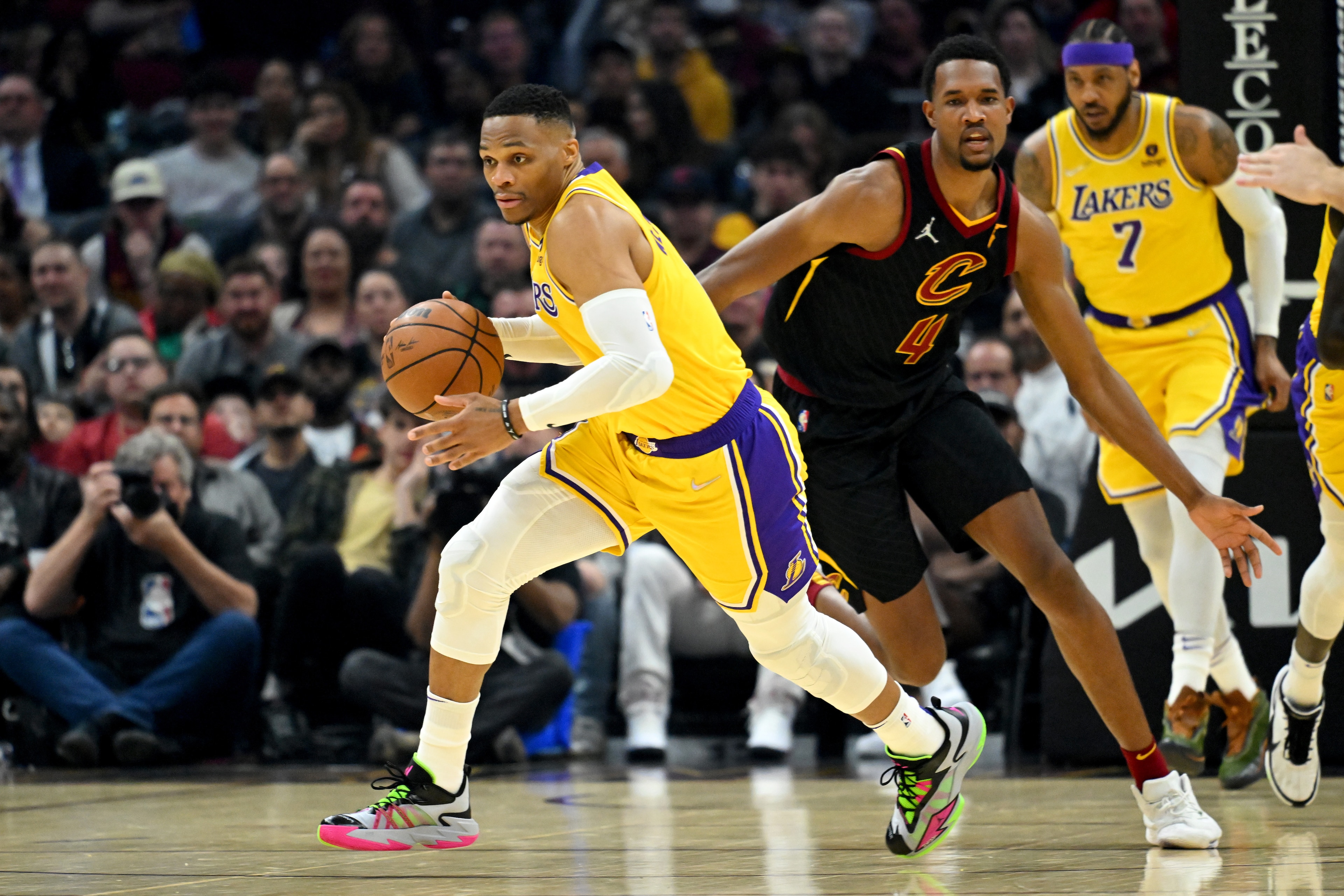 CLEVELAND, OHIO - MARCH 21: Russell Westbrook #0 of the Los Angeles Lakers brings the ball up court during the first quarter against the Cleveland Cavaliers at Rocket Mortgage Fieldhouse on March 21, 2022 in Cleveland, Ohio. NOTE TO USER: User expressly acknowledges and agrees that, by downloading and/or using this photograph, user is consenting to the terms and conditions of the Getty Images License Agreement. (Photo by Jason Miller/Getty Images)