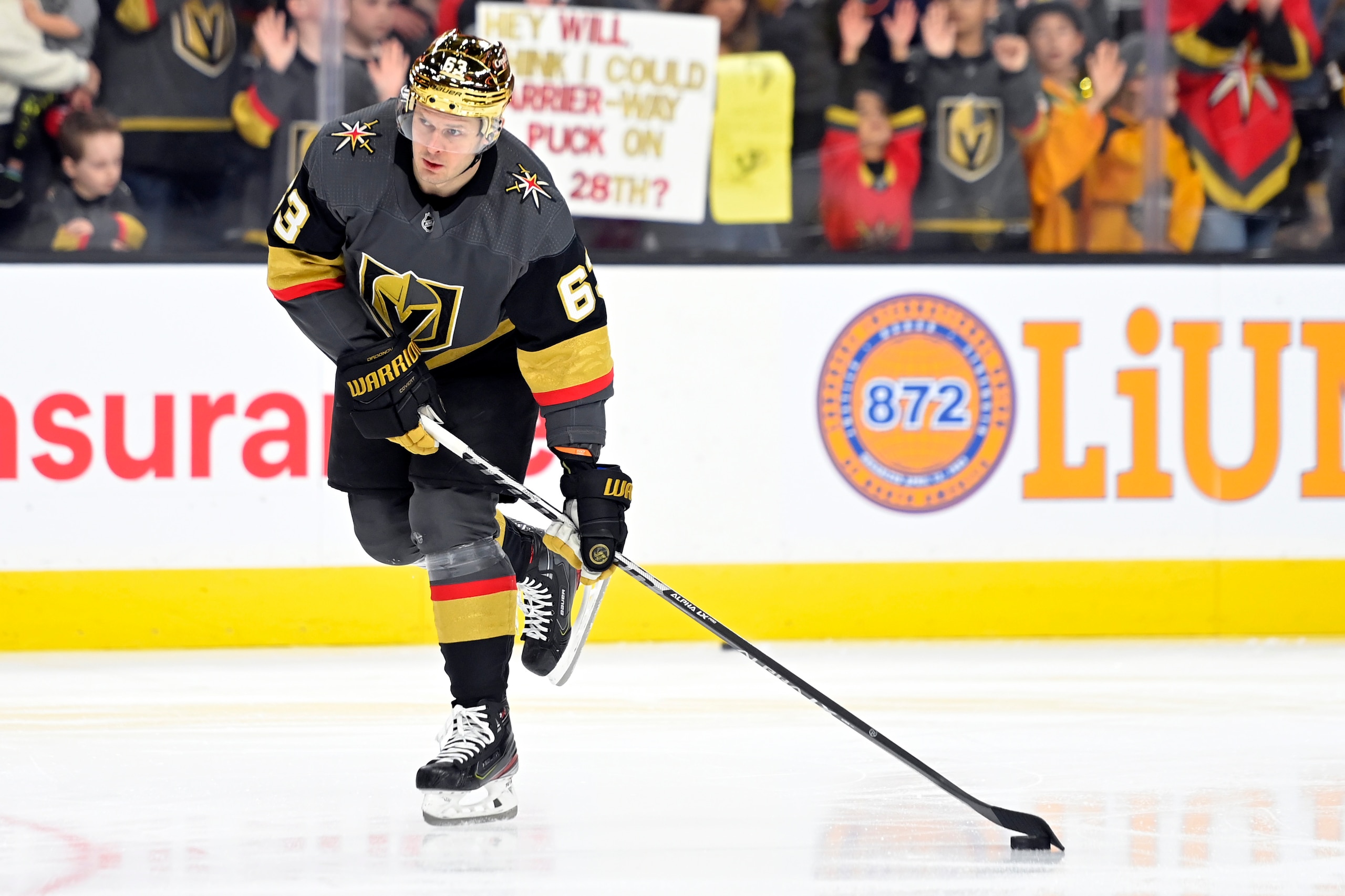 LAS VEGAS, NEVADA - MARCH 19: Evgenii Dadonov #63 of the Vegas Golden Knights warms up before a game against the Los Angeles Kings at T-Mobile Arena on March 19, 2022 in Las Vegas, Nevada. (Photo by David Becker/NHLI via Getty Images)