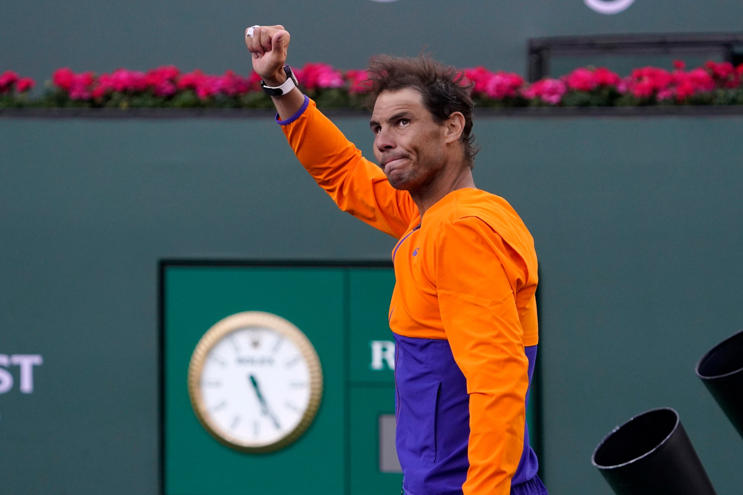 Rafael Nadal, of Spain, reacts to the crowd after losing to Taylor Fritz in the men's singles finals at the BNP Paribas Open tennis tournament Sunday, March 20, 2022, in Indian Wells, Calif. Fritz won 6-3, 7-6. (AP Photo/Mark J. Terrill) Rafael Nadal, of Spain, reacts to the crowd after losing to Taylor Fritz in the men's singles finals at the BNP Paribas Open tennis tournament Sunday, March 20, 2022, in Indian Wells, Calif. Fritz won 6-3, 7-6. (AP Photo/Mark J. Terrill)