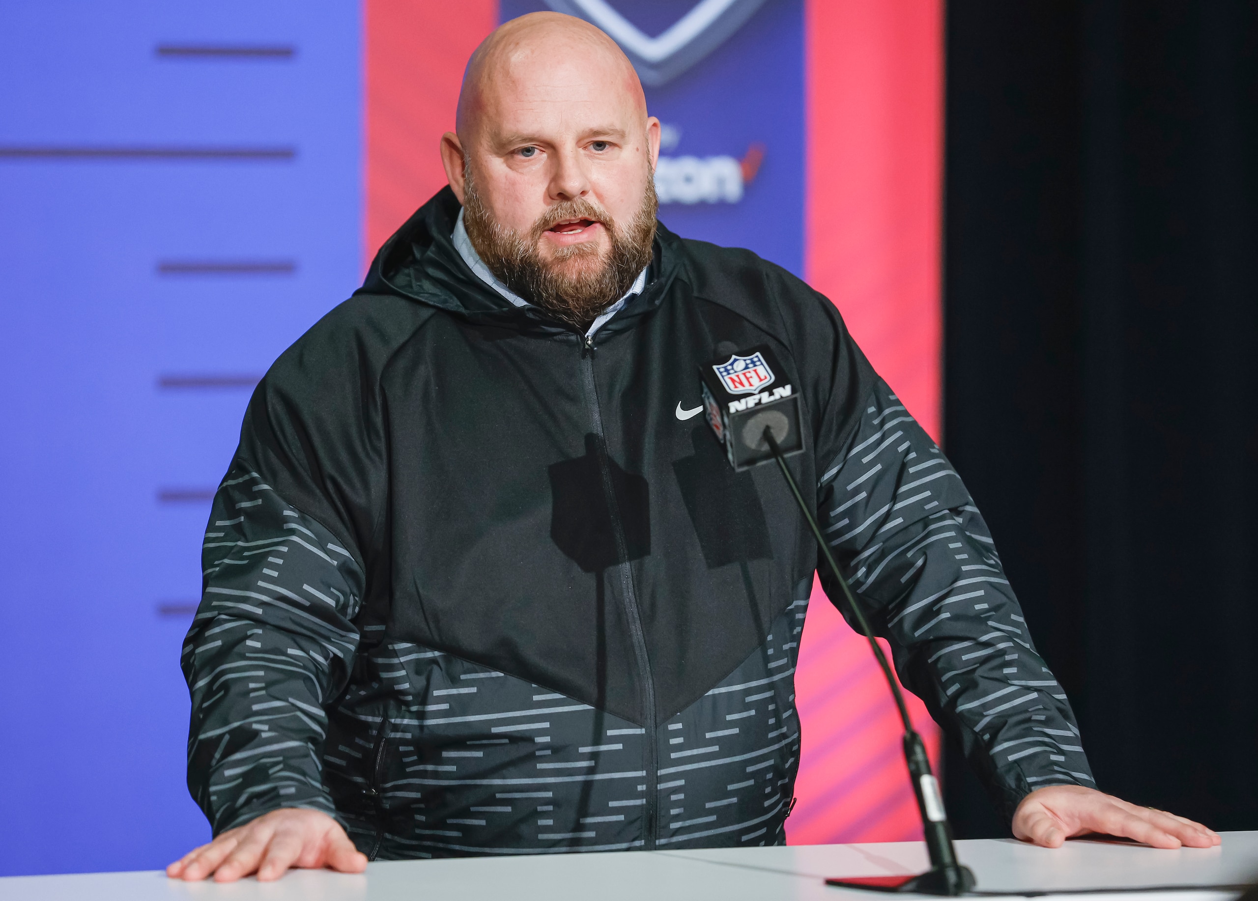INDIANAPOLIS, IN - MAR 01: Brian Daboll, head coach of the New York Giants speaks to reporters during the NFL Draft Combine at the Indiana Convention Center on March 1, 2022 in Indianapolis, Indiana. (Photo by Michael Hickey/Getty Images)