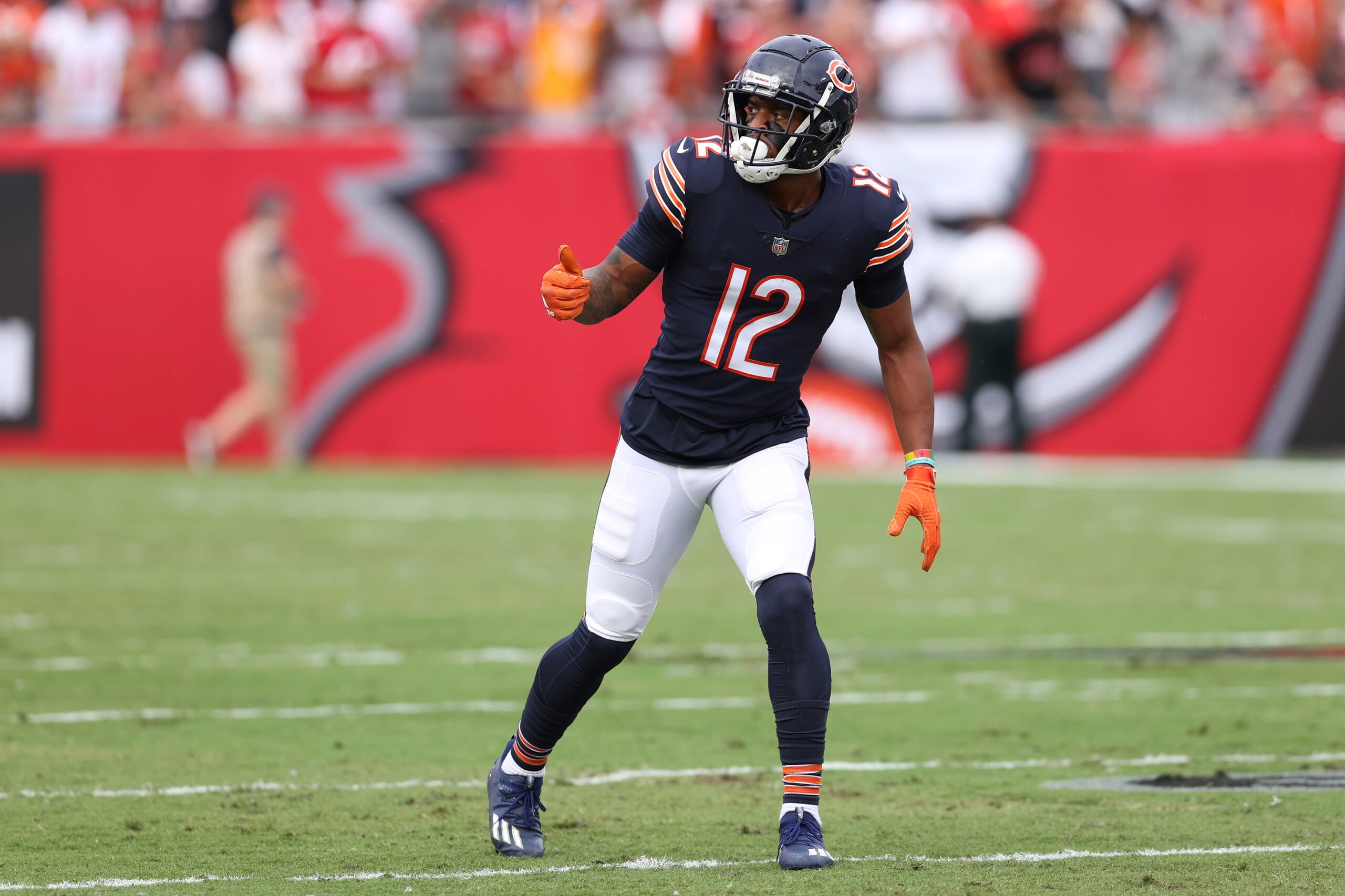 Chicago Bears wide receiver Allen Robinson (12) lines up against the Tampa Bay Buccaneers during the first half of an NFL football game Sunday, Oct. 24, 2021, in Tampa, Fla. (AP Photo/Mark LoMoglio)