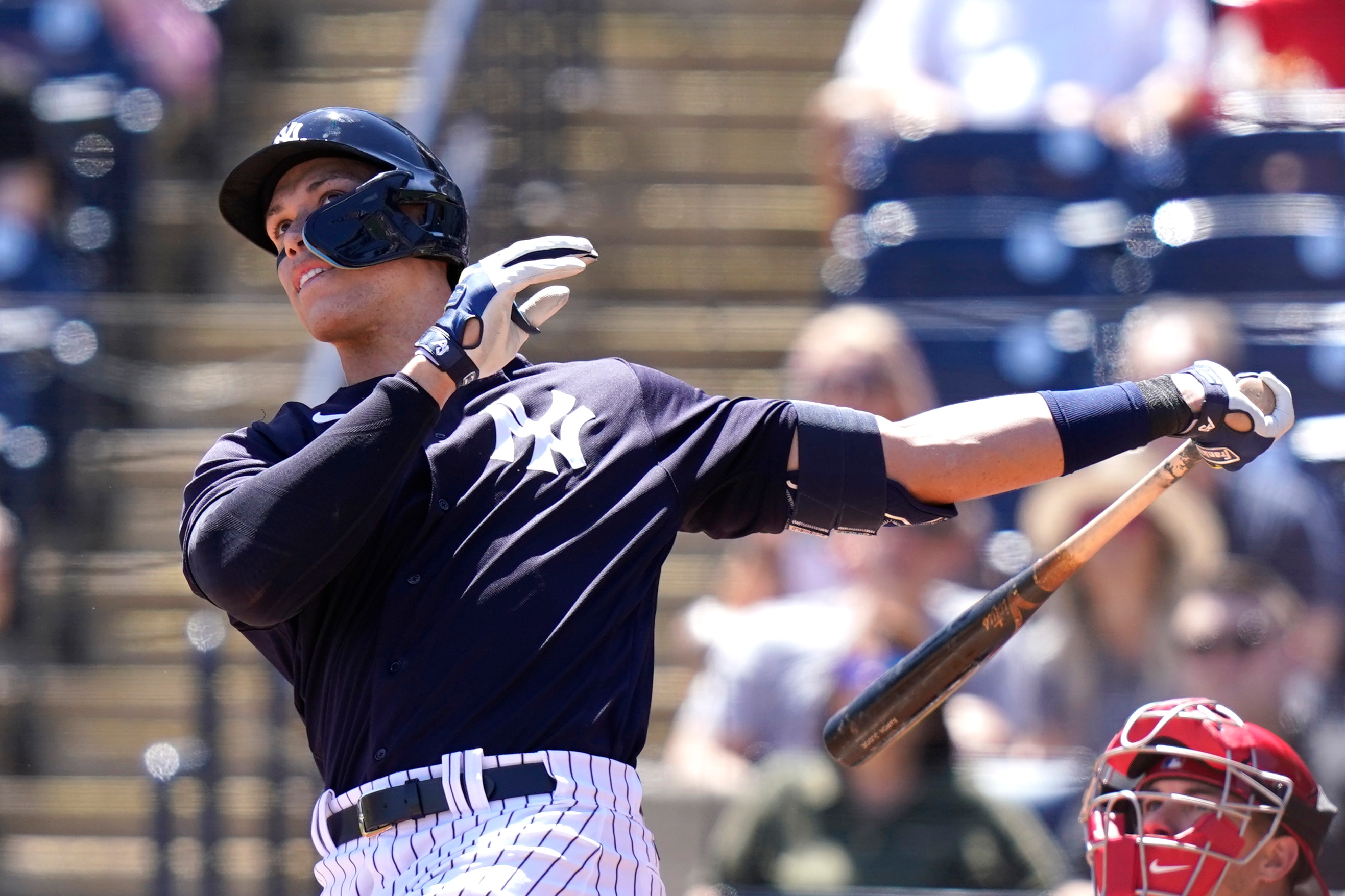New York Yankees' Aaron Judge bats during the first inning of a spring training baseball game against the Philadelphia Phillies, Monday, March 21, 2022, in Tampa, Fla. (AP Photo/Lynne Sladky) New York Yankees' Aaron Judge bats during the first inning of a spring training baseball game against the Philadelphia Phillies, Monday, March 21, 2022, in Tampa, Fla. (AP Photo/Lynne Sladky)