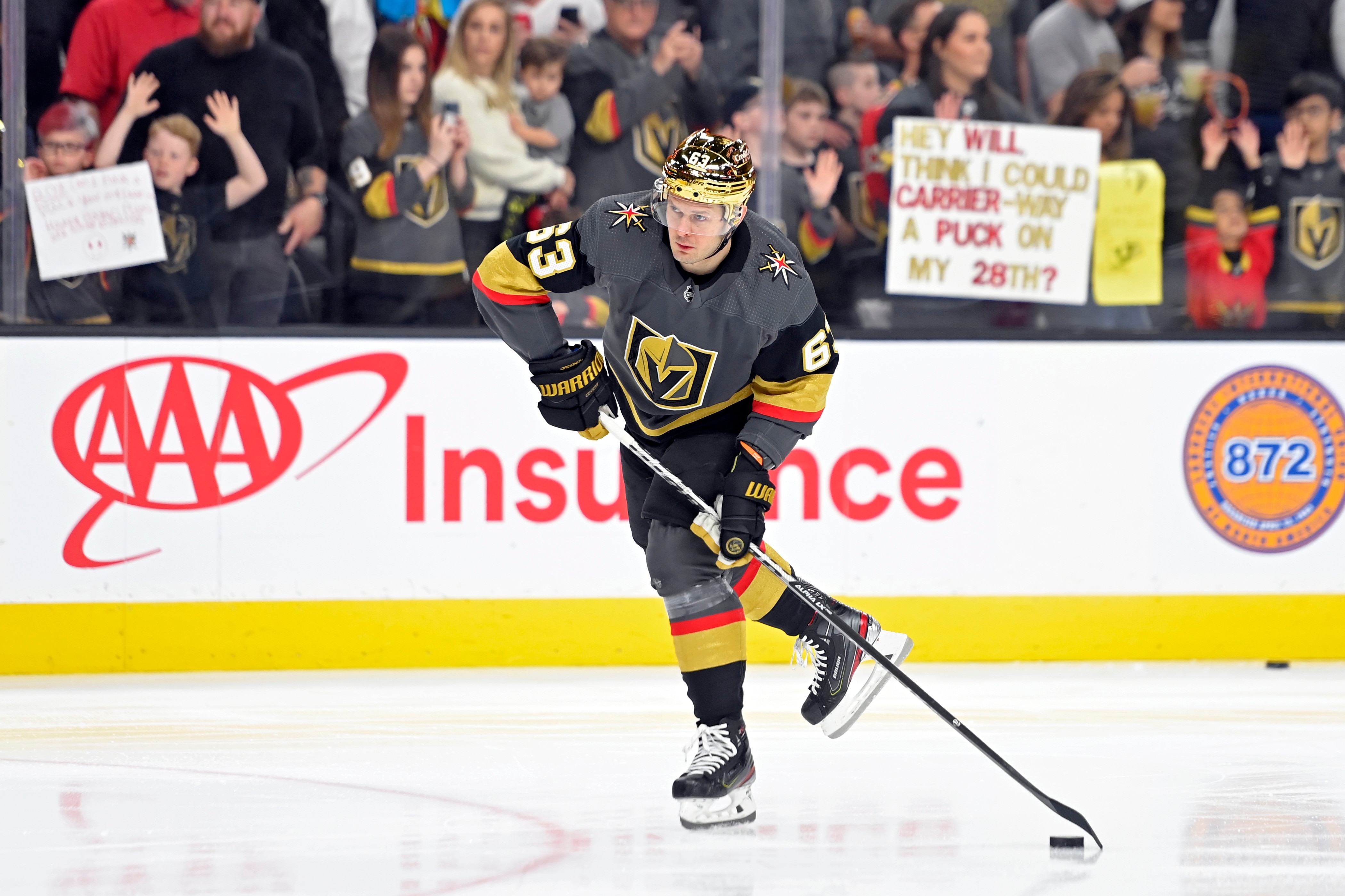 LAS VEGAS, NEVADA - MARCH 19: Evgenii Dadonov #63 of the Vegas Golden Knights warms up before a game against the Los Angeles Kings at T-Mobile Arena on March 19, 2022 in Las Vegas, Nevada. (Photo by David Becker/NHLI via Getty Images)