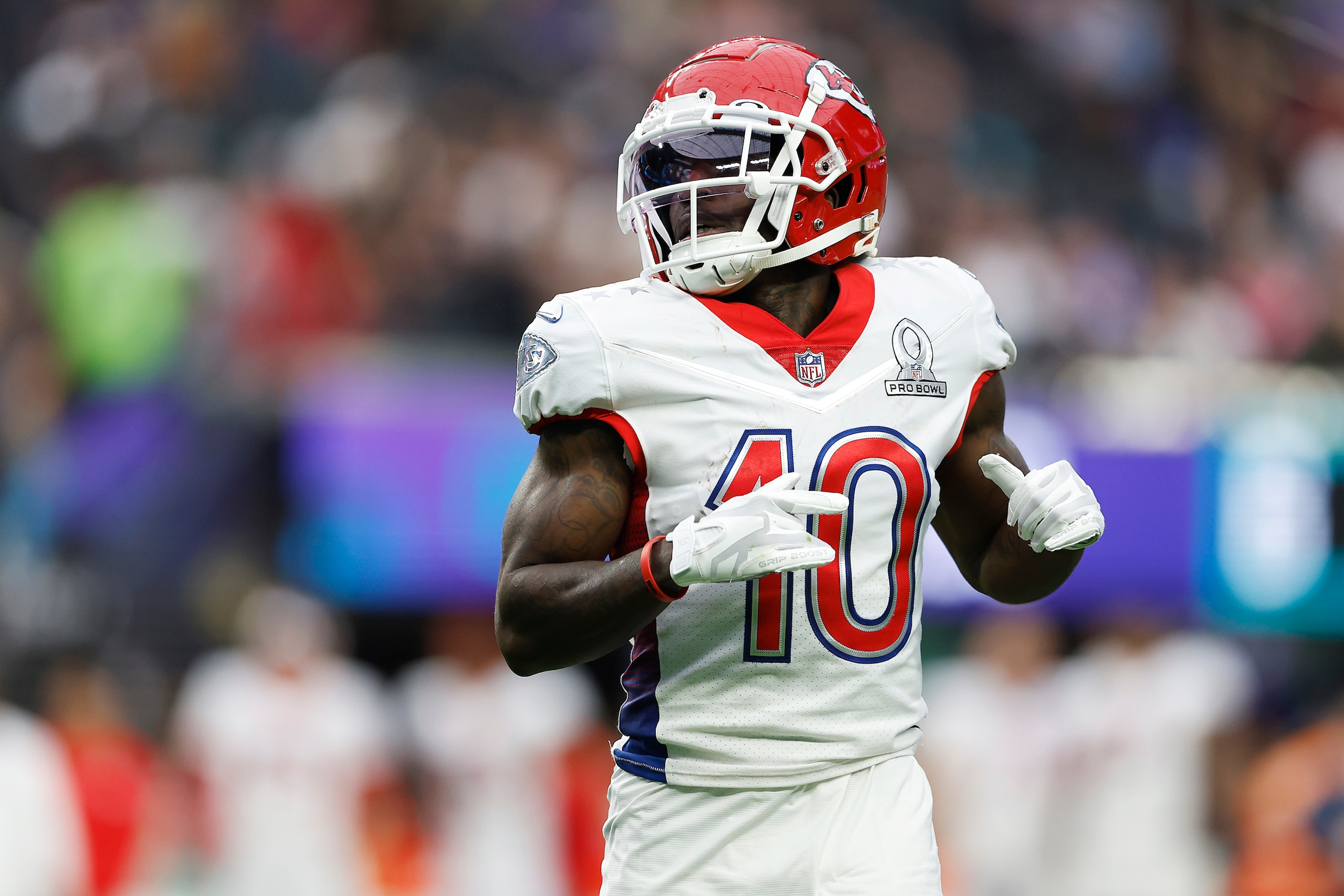 LAS VEGAS, NEVADA - FEBRUARY 06: Tyreek Hill #10 of the Kansas City Chiefs and AFC looks on in the second half of the 2022 NFL Pro Bowl against the NFC at Allegiant Stadium on February 06, 2022 in Las Vegas, Nevada.  (Photo by Christian Petersen/Getty Images)