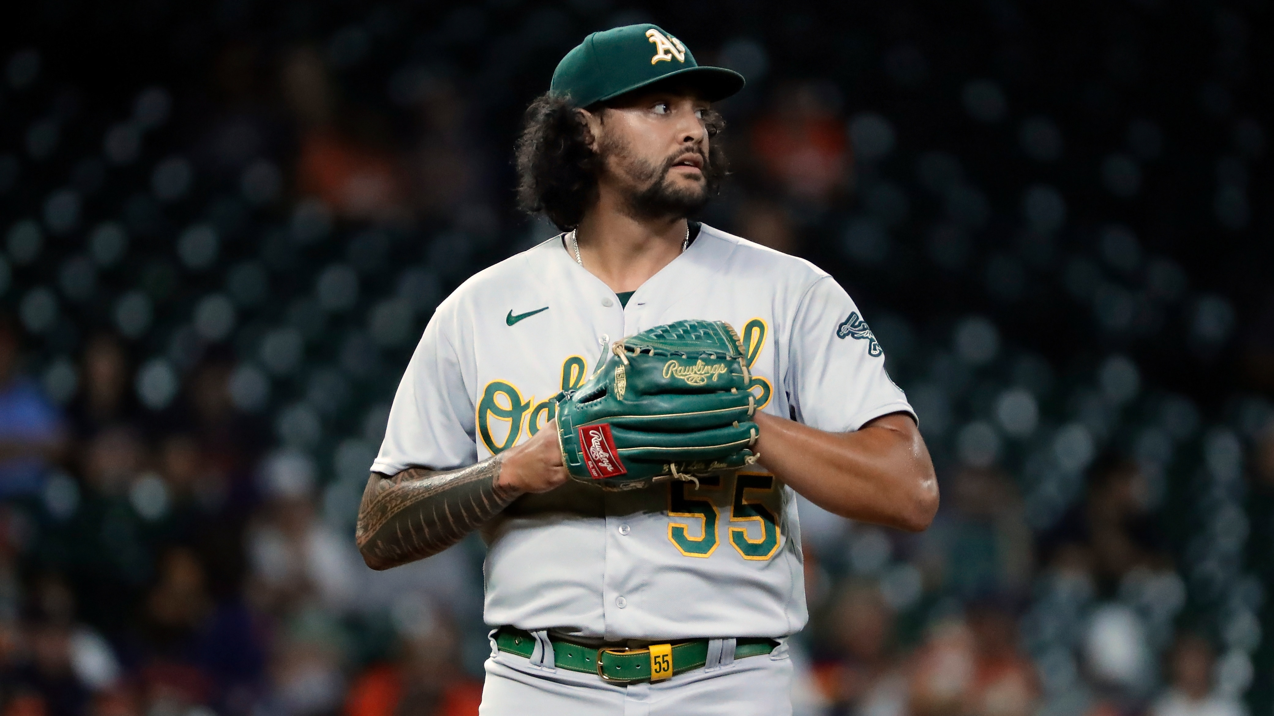 Oakland Athletics starting pitcher Sean Manaea (55) during a baseball game against the Houston Astros Friday, Oct. 1, 2021, in Houston. (AP Photo/Michael Wyke)