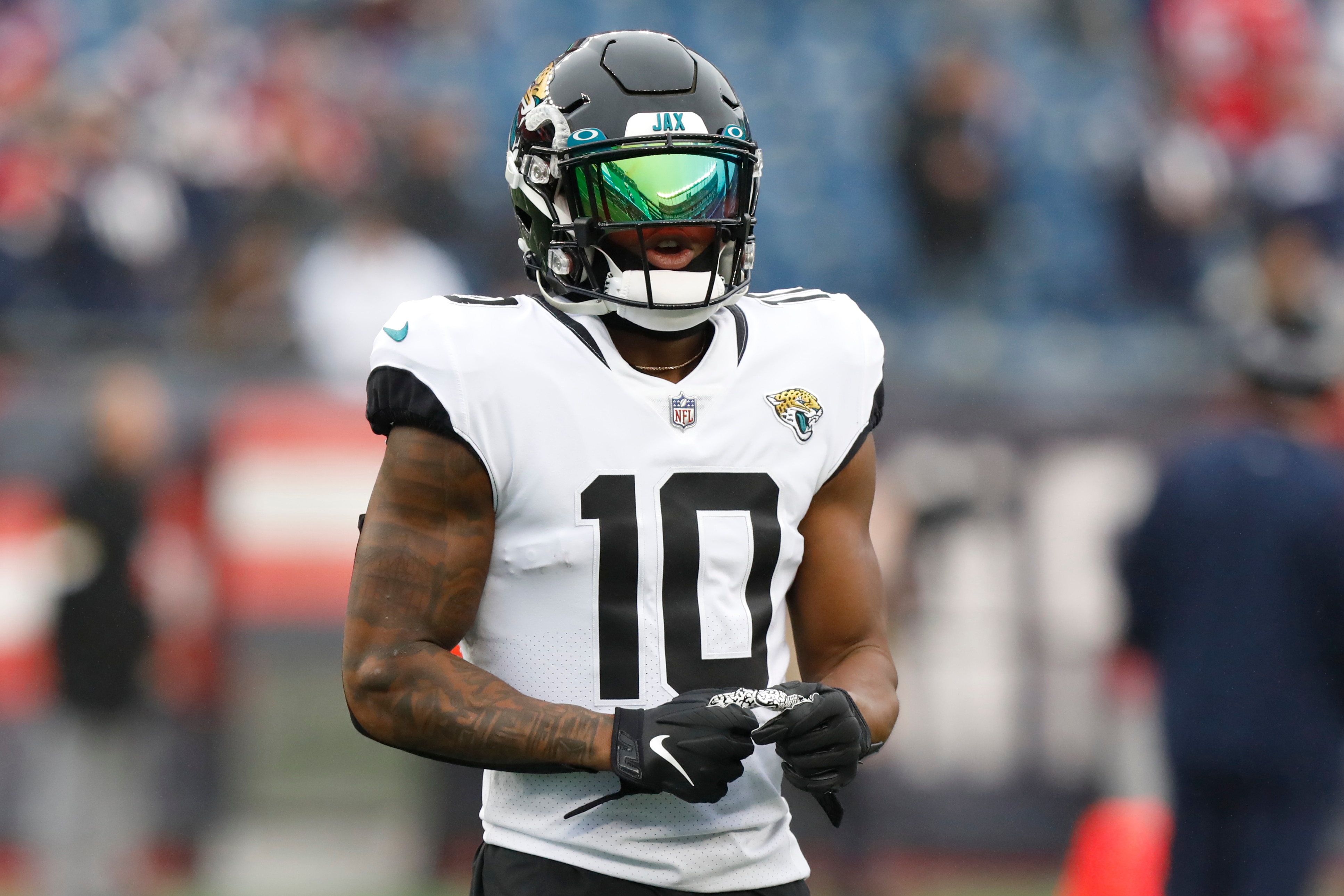 Jacksonville Jaguars wide receiver Laviska Shenault Jr. (10) prior to an NFL football game, Sunday, Jan. 2, 2022, in Foxborough, Mass. (AP Photo/Paul Connors)