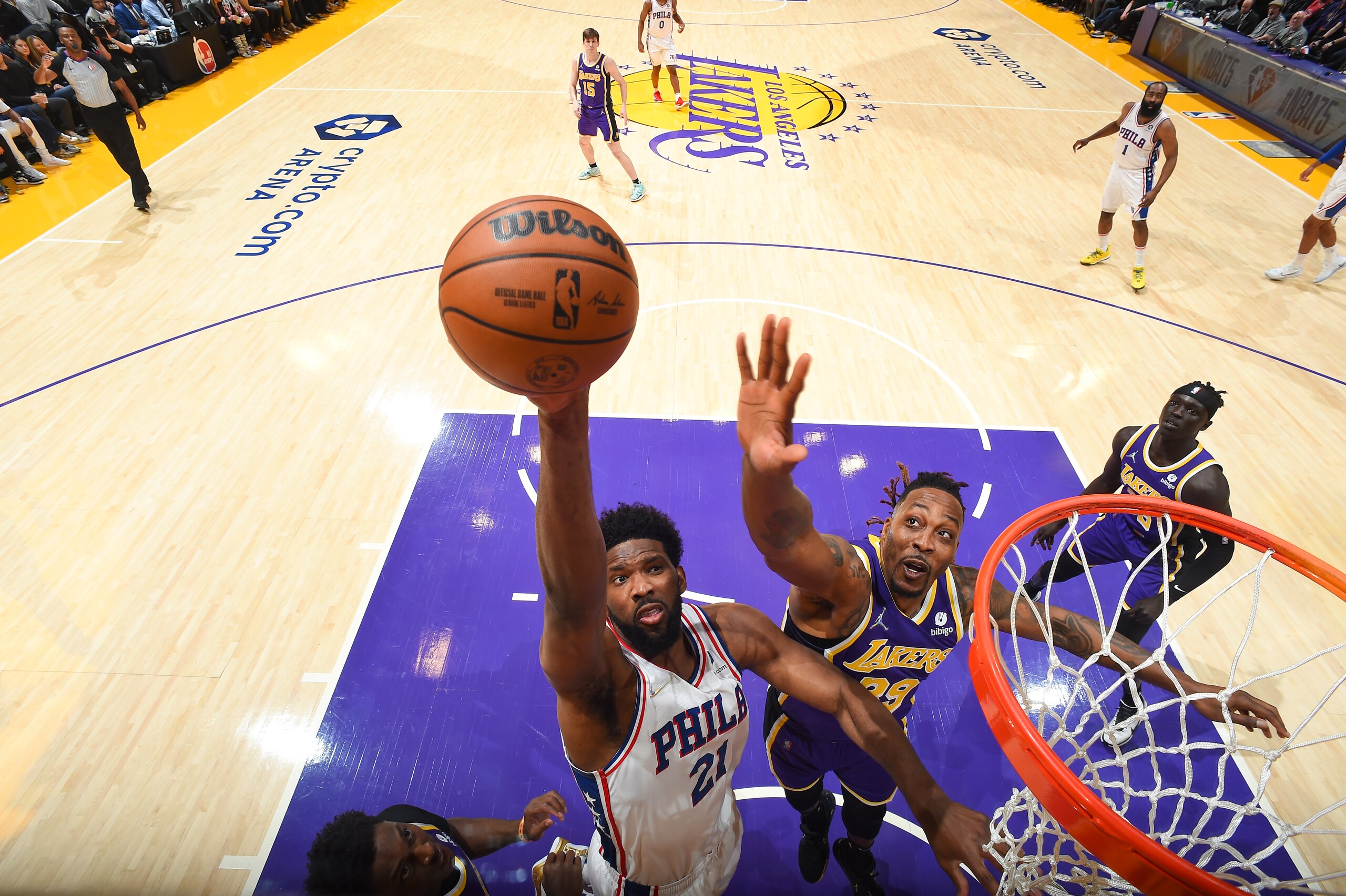 LOS ANGELES, CA - MARCH 23: Joel Embiid #21 of the Philadelphia 76ers shoots the ball during the game against the Los Angeles Lakers on March 23, 2022 at Crypto.Com Arena in Los Angeles, California. NOTE TO USER: User expressly acknowledges and agrees that, by downloading and/or using this Photograph, user is consenting to the terms and conditions of the Getty Images License Agreement. Mandatory Copyright Notice: Copyright 2022 NBAE (Photo by Andrew D. Bernstein/NBAE via Getty Images) LOS ANGELES, CA - MARCH 23: Joel Embiid #21 of the Philadelphia 76ers shoots the ball during the game against the Los Angeles Lakers on March 23, 2022 at Crypto.Com Arena in Los Angeles, California. NOTE TO USER: User expressly acknowledges and agrees that, by downloading and/or using this Photograph, user is consenting to the terms and conditions of the Getty Images License Agreement. Mandatory Copyright Notice: Copyright 2022 NBAE (Photo by Andrew D. Bernstein/NBAE via Getty Images)