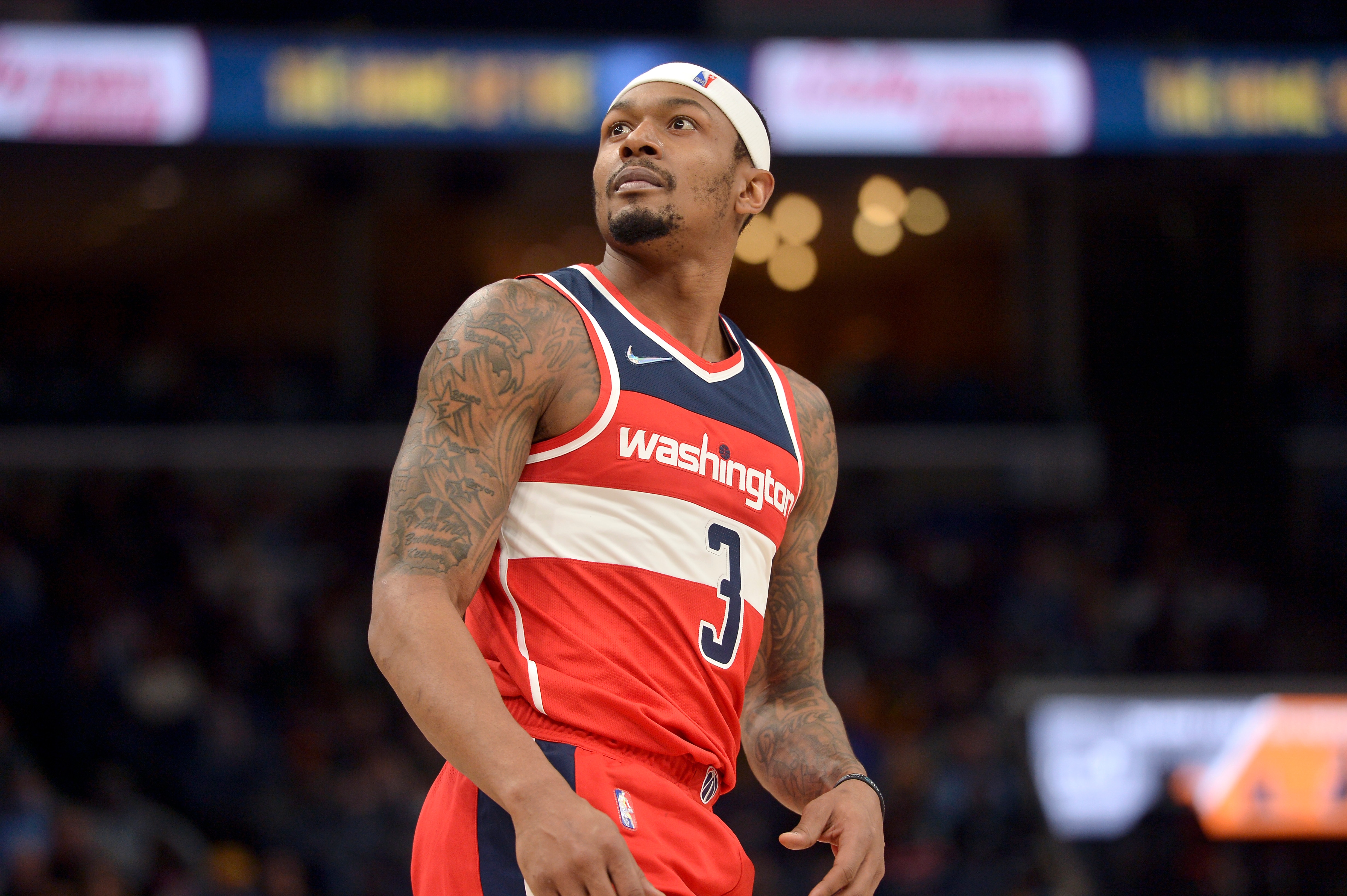Washington Wizards guard Bradley Beal (3) reacts in the second half of an NBA basketball game against the Memphis Grizzlies Saturday, Jan. 29, 2022, in Memphis, Tenn. (AP Photo/Brandon Dill)