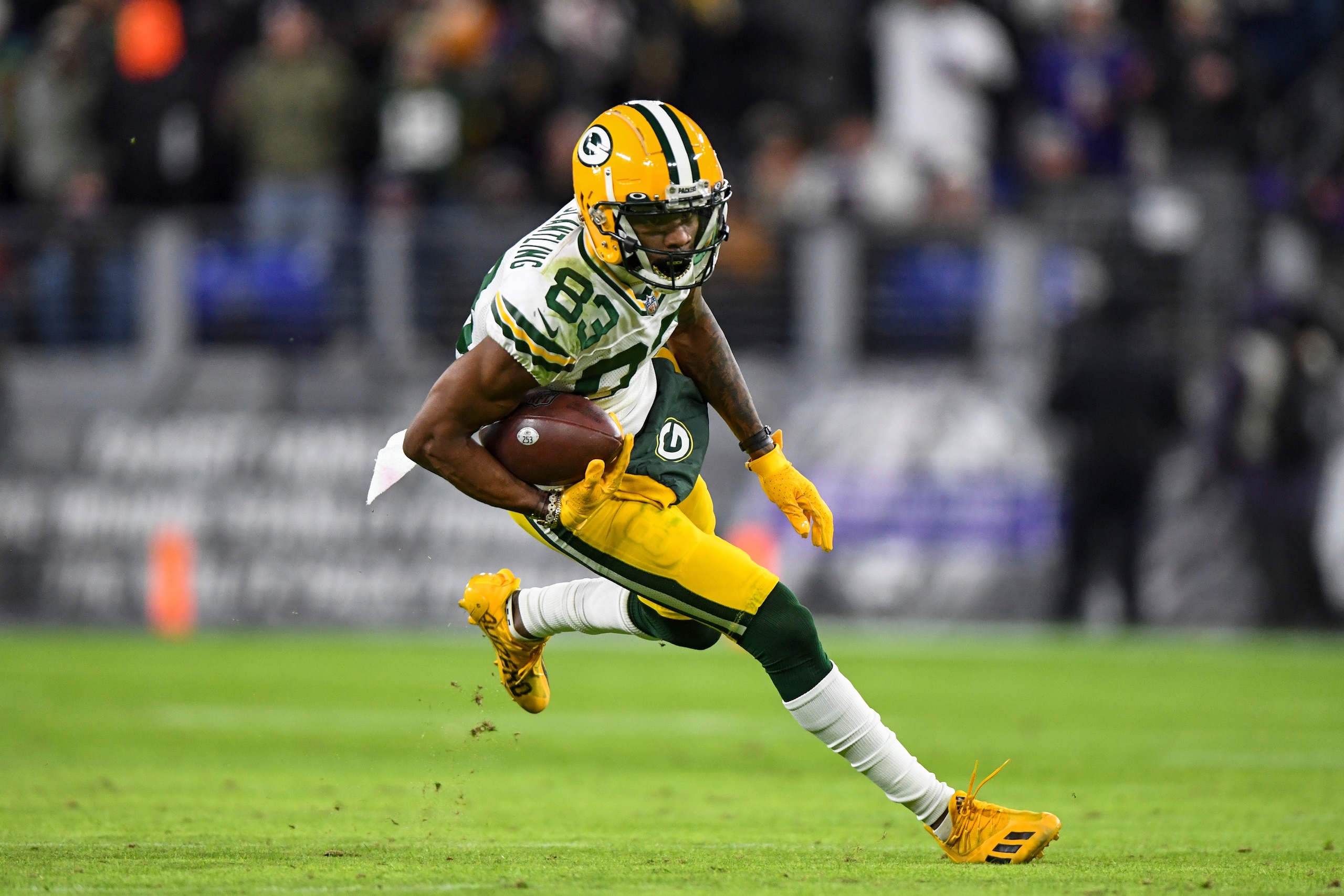 Green Bay Packers wide receiver Marquez Valdes-Scantling (83) in action during the second half of an NFL football game against the Baltimore Ravens, Sunday, Dec. 19, 2021, in Baltimore. (AP Photo/Terrance Williams)