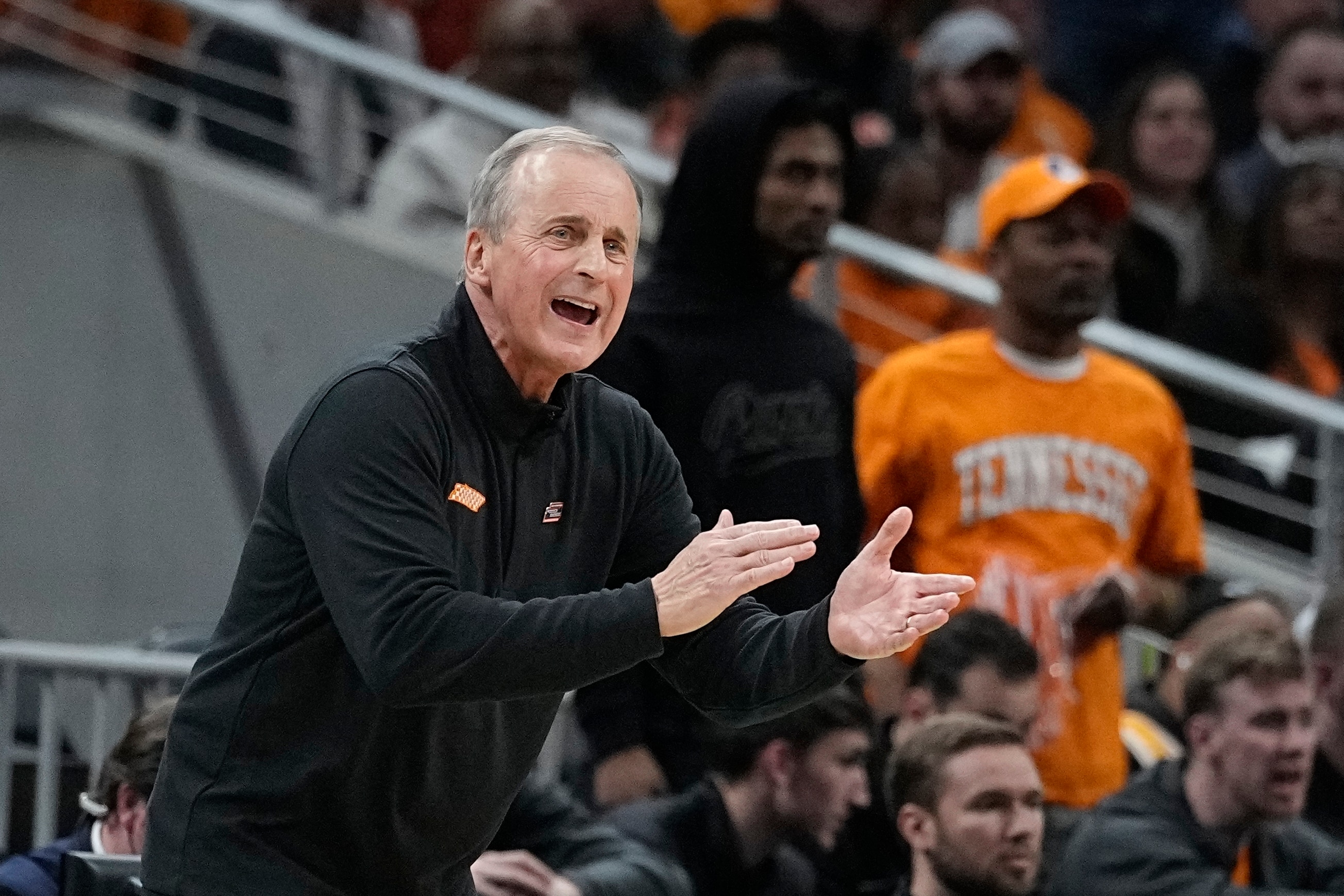Tennessee head coach Rick Barnes watches the second half of a college basketball game against Michigan in the second round of the NCAA tournament, Saturday, March 19, 2022, in Indianapolis. (AP Photo/Darron Cummings)