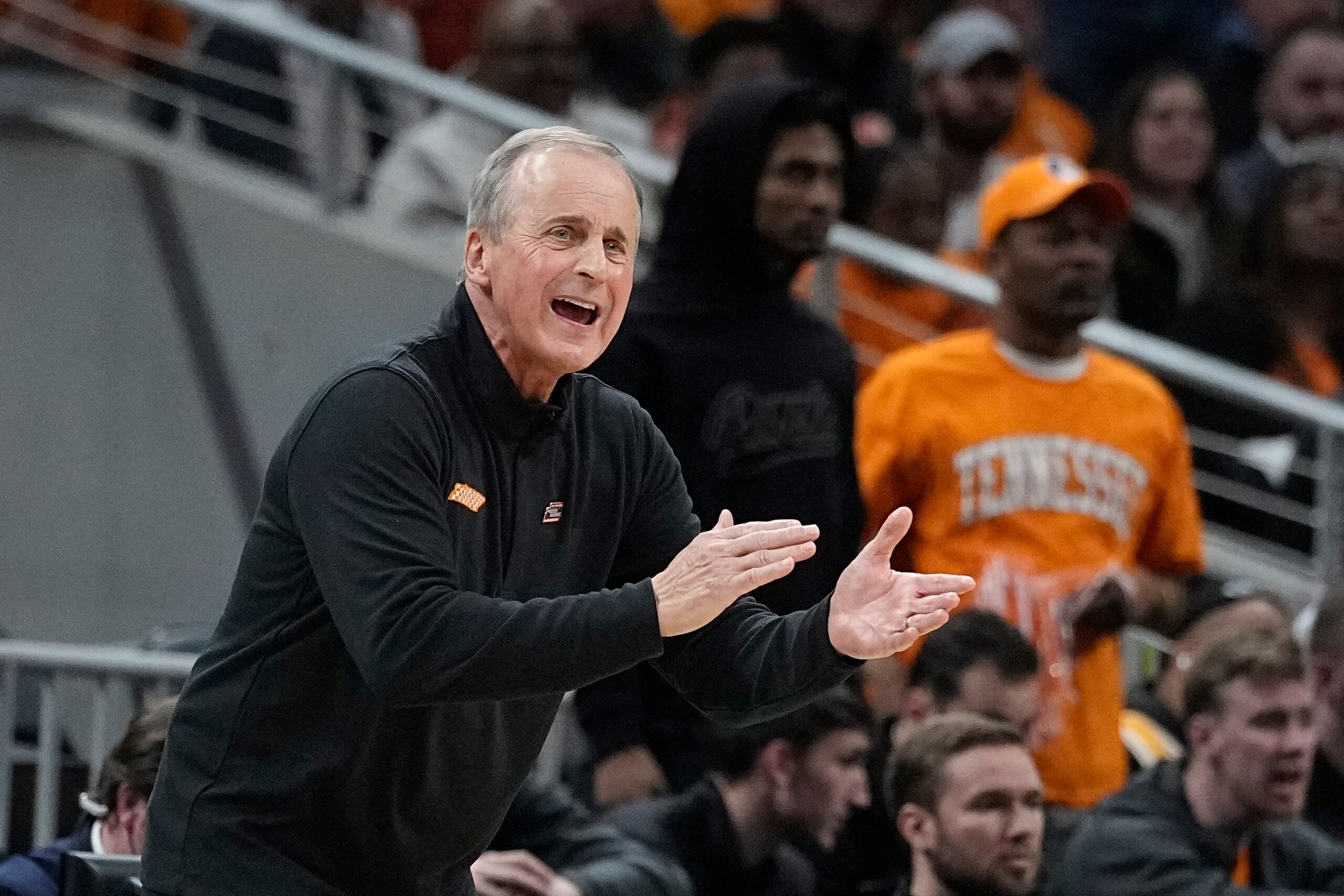 Tennessee head coach Rick Barnes watches the second half of a college basketball game against Michigan in the second round of the NCAA tournament, Saturday, March 19, 2022, in Indianapolis. (AP Photo/Darron Cummings)