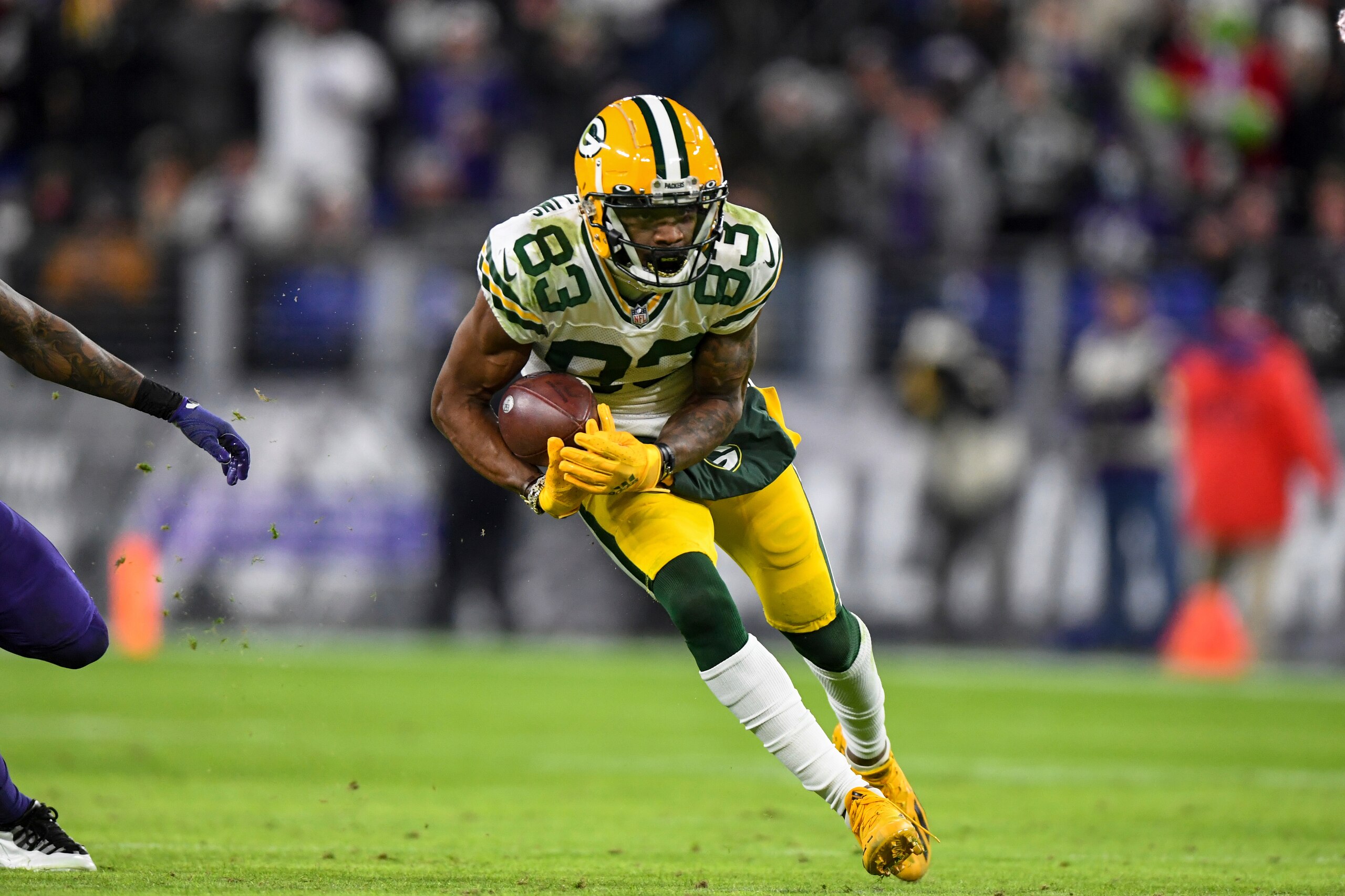 Green Bay Packers wide receiver Marquez Valdes-Scantling (83) in action during the second half of an NFL football game against the Baltimore Ravens, Sunday, Dec. 19, 2021, in Baltimore. (AP Photo/Terrance Williams)
