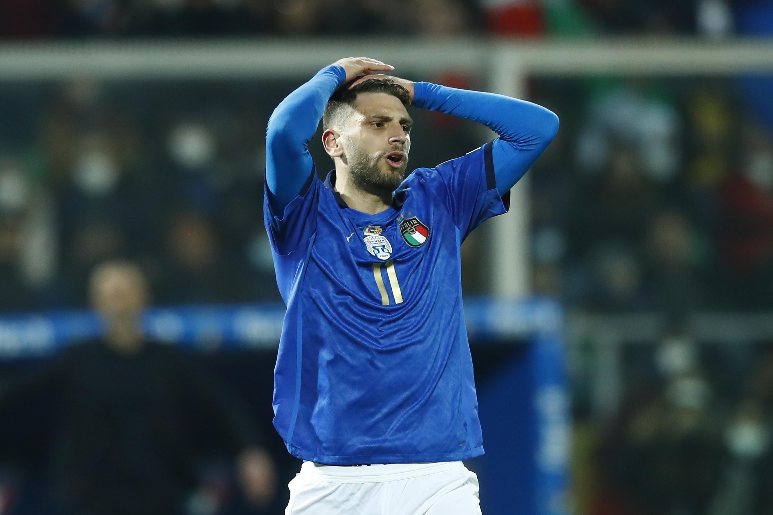 PALERMO, ITALY - MARCH 24: Domenico Berardi of Italy looks dejected during the 2022 FIFA World Cup Qualifier knockout round play-off match between Italy and North Macedonia at Stadio Renzo Barbera on March 24, 2022 in Palermo, Italy. (Photo by Matteo Ciambelli/DeFodi Images via Getty Images)
