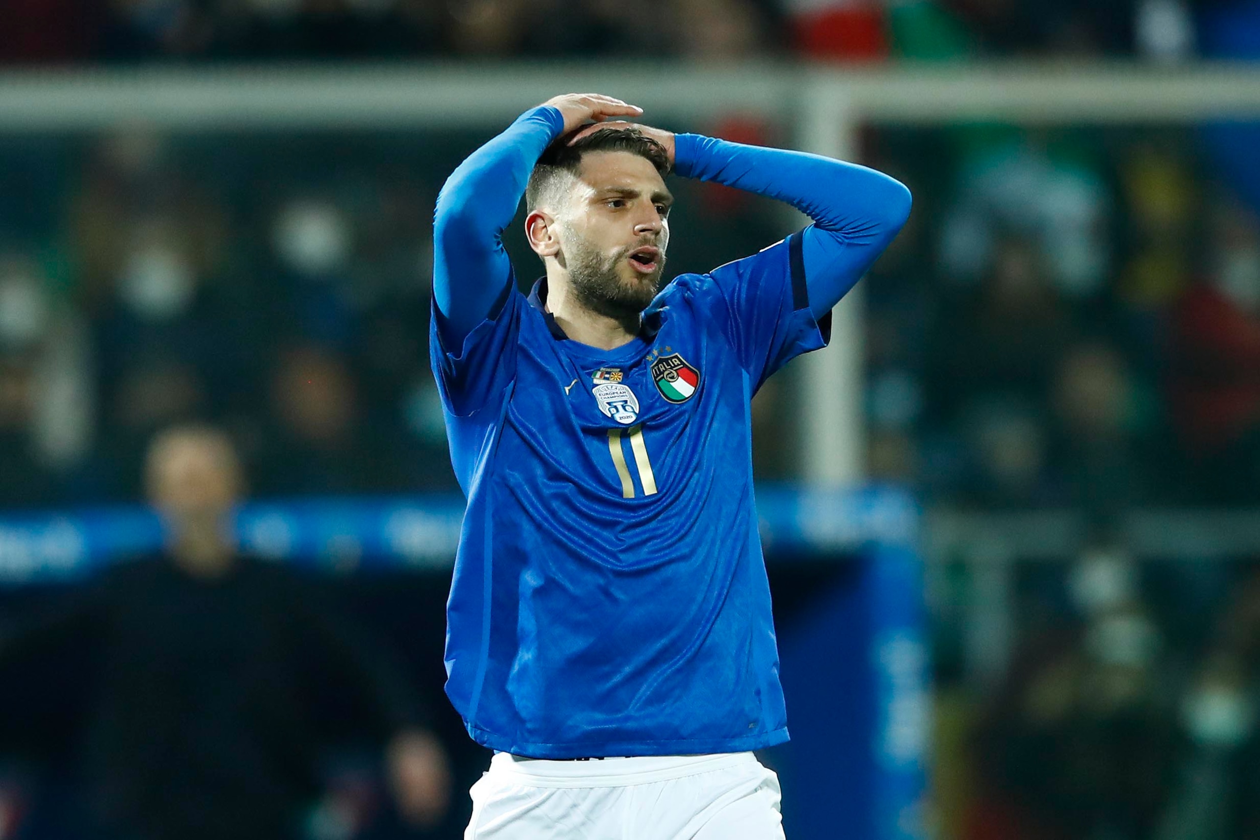 PALERMO, ITALY - MARCH 24: Domenico Berardi of Italy looks dejected during the 2022 FIFA World Cup Qualifier knockout round play-off match between Italy and North Macedonia at Stadio Renzo Barbera on March 24, 2022 in Palermo, Italy. (Photo by Matteo Ciambelli/DeFodi Images via Getty Images)