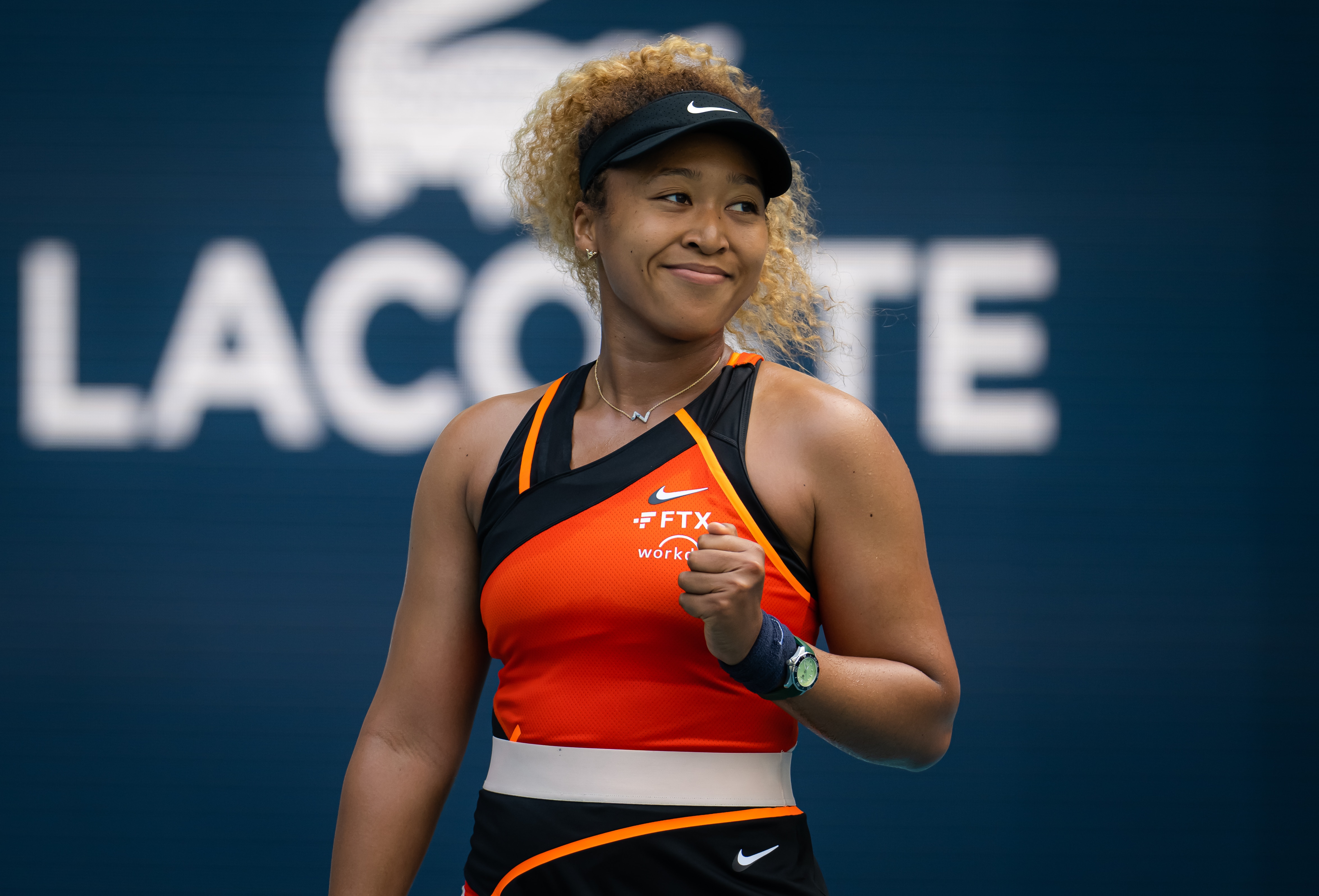 MIAMI GARDENS, FLORIDA - MARCH 24: Naomi Osaka of Japan celebrates winning a point against Angelique Kerber of Germany in her second round match on day 4 of the Miami Open at Hard Rock Stadium on March 24, 2022 in Miami Gardens, Florida (Photo by Robert Prange/Getty Images)
