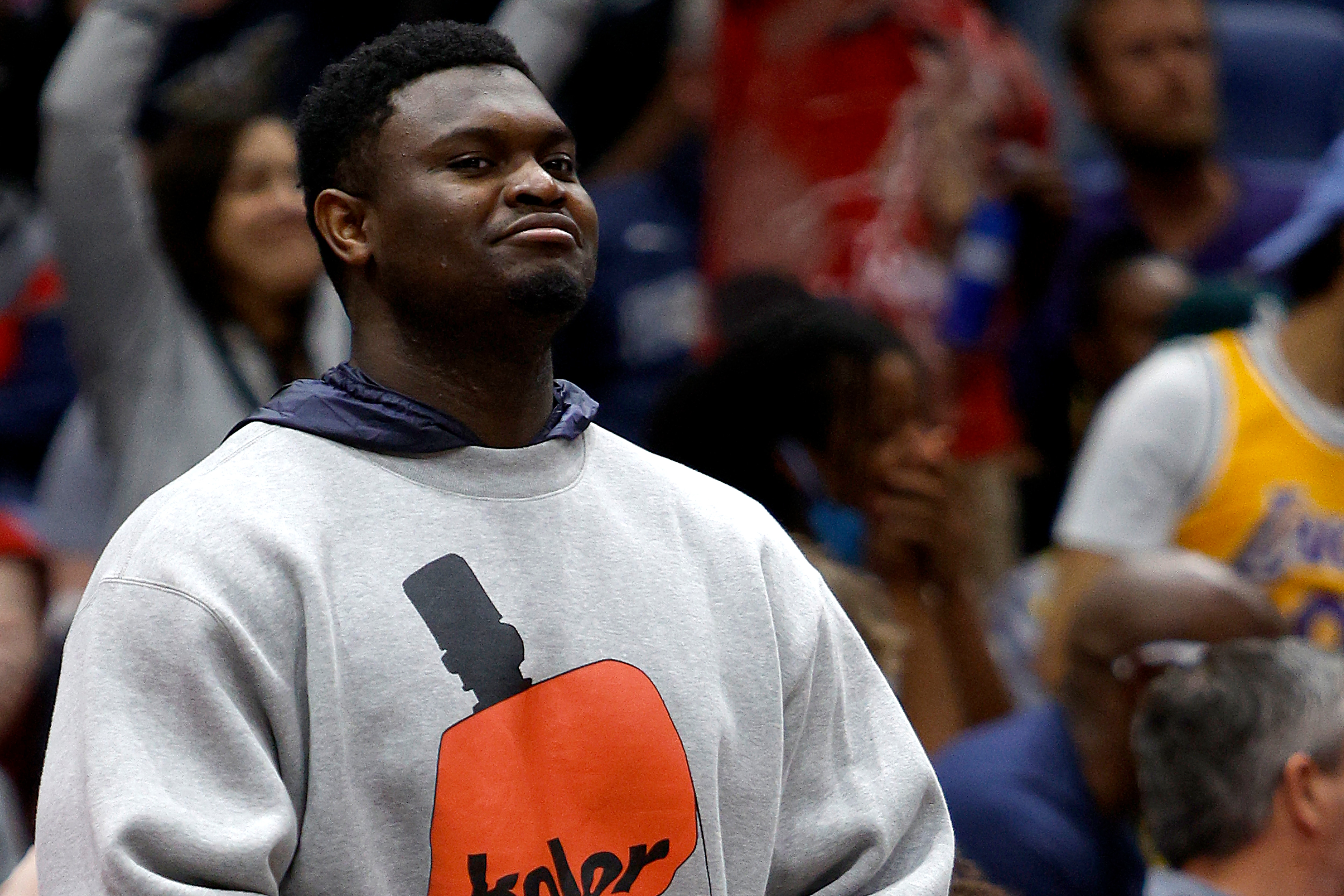 NEW ORLEANS, LOUISIANA - MARCH 15: Zion Williamson #1 of the New Orleans Pelicans stands next to the bench during the third quarter of an NBA game against the Phoenix Suns at Smoothie King Center on March 15, 2022 in New Orleans, Louisiana. NOTE TO USER: User expressly acknowledges and agrees that, by downloading and or using this photograph, User is consenting to the terms and conditions of the Getty Images License Agreement. (Photo by Sean Gardner/Getty Images) (Photo by Sean Gardner/Getty Images)