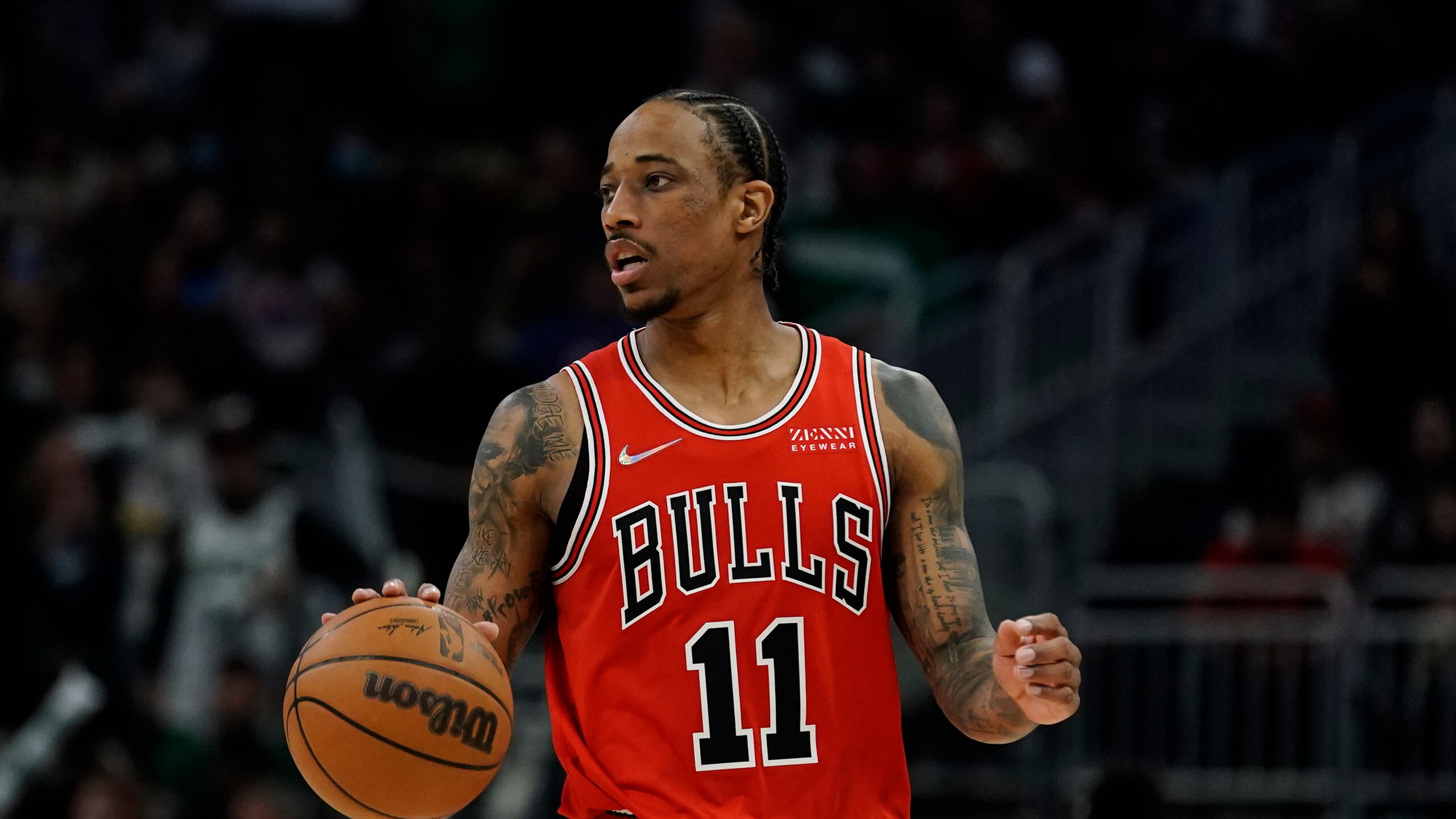 Chicago Bulls' DeMar DeRozan during the second half of an NBA basketball game against the Milwaukee Bucks Tuesday, March 22, 2022, in Milwaukee. (AP Photo/Morry Gash)
