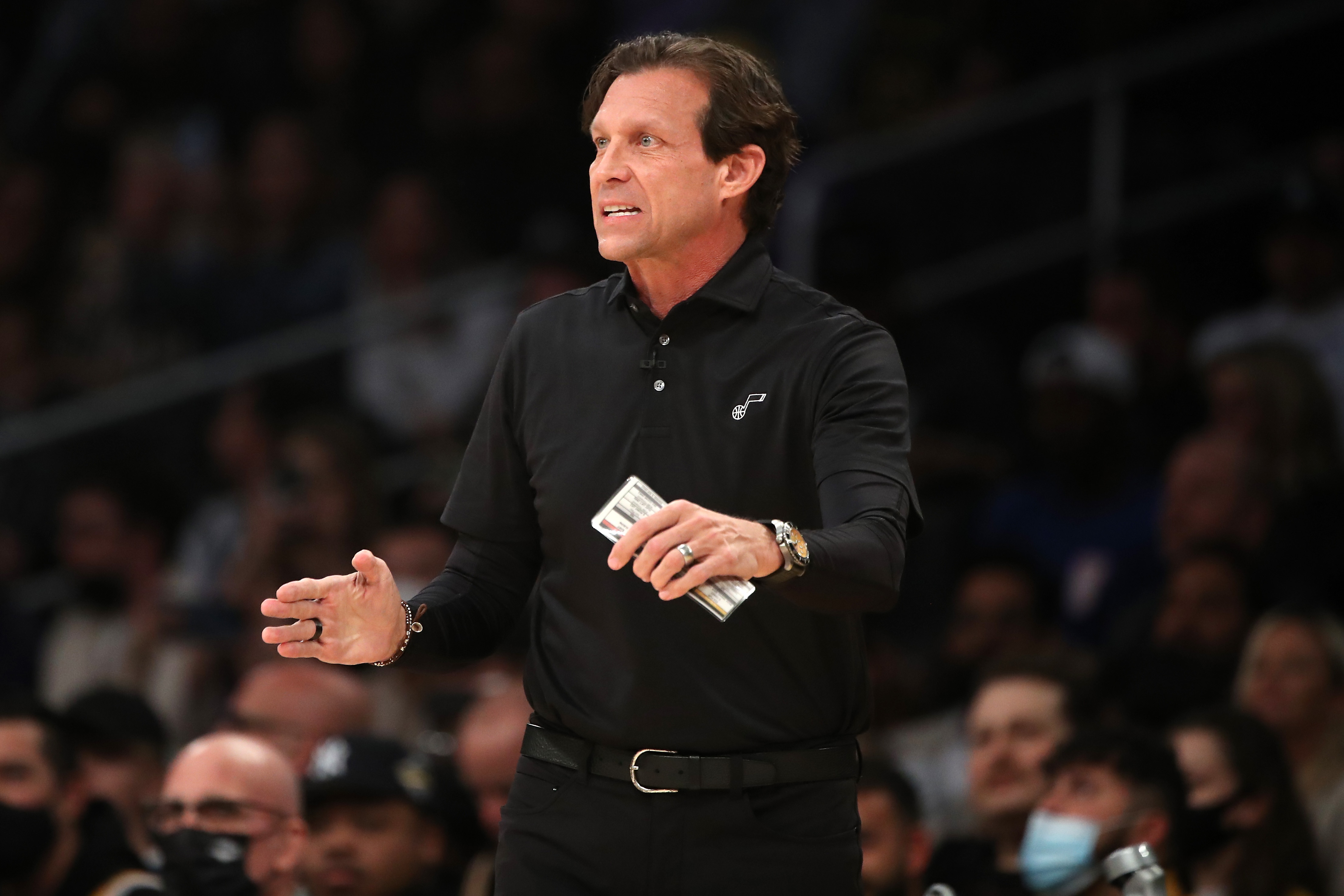LOS ANGELES, CALIFORNIA - FEBRUARY 16: Head coach Quin Snyder of the Utah Jazz reacts to a play during the first quarter against the Los Angeles Lakers at Crypto.com Arena on February 16, 2022 in Los Angeles, California. NOTE TO USER: User expressly acknowledges and agrees that, by downloading and or using this Photograph, user is consenting to the terms and conditions of the Getty Images License Agreement. (Photo by Katelyn Mulcahy/Getty Images) LOS ANGELES, CALIFORNIA - FEBRUARY 16: Head coach Quin Snyder of the Utah Jazz reacts to a play during the first quarter against the Los Angeles Lakers at Crypto.com Arena on February 16, 2022 in Los Angeles, California. NOTE TO USER: User expressly acknowledges and agrees that, by downloading and or using this Photograph, user is consenting to the terms and conditions of the Getty Images License Agreement. (Photo by Katelyn Mulcahy/Getty Images)