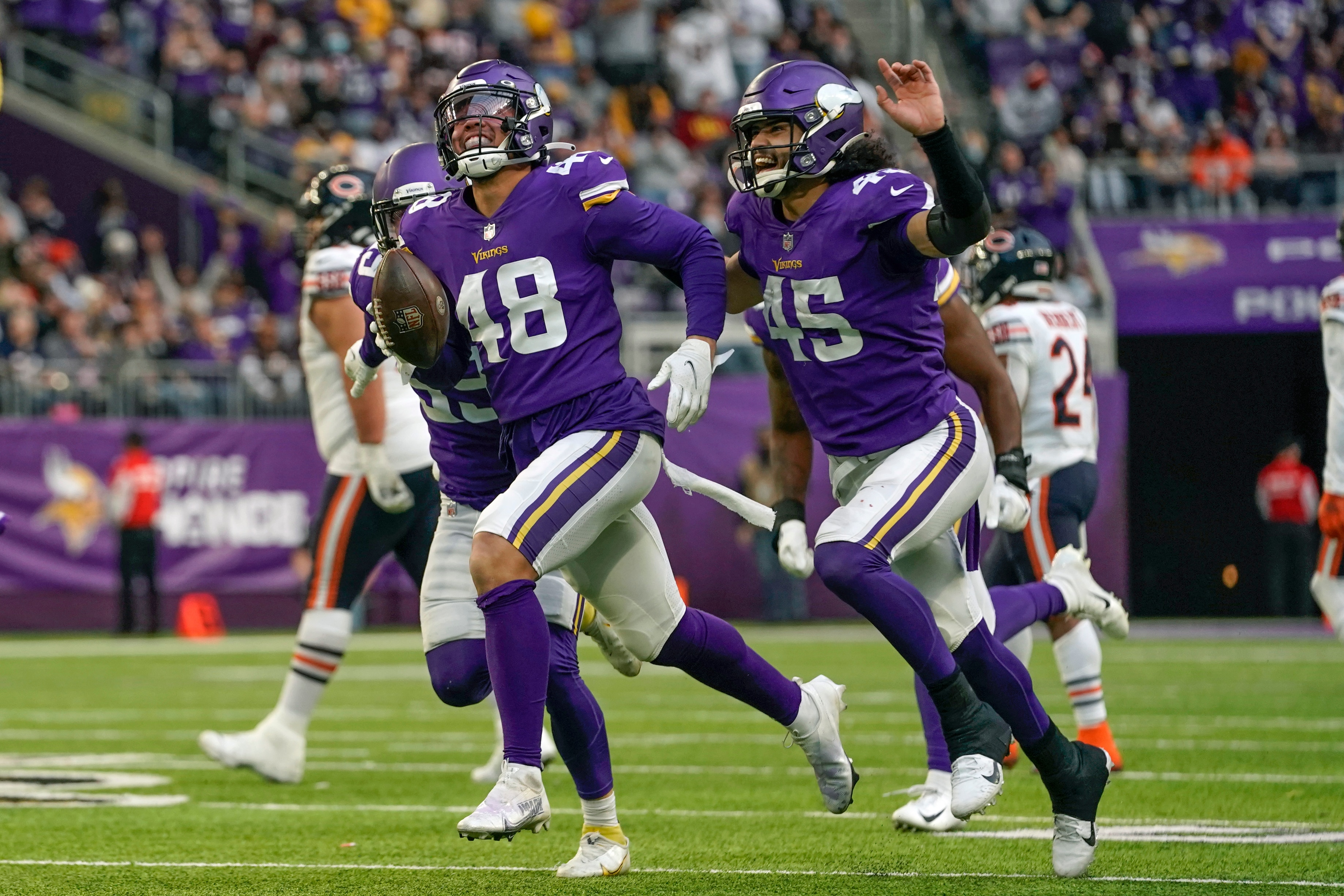 MINNEAPOLIS, MN - JANUARY 09: Minnesota Vikings Linebacker Blake Lynch (48) celebrates his interception of Chicago Bears Quarterback Andy Dalton (14) during a game between the Minnesota Vikings and Chicago Bears on January 9, 2022, at U.S. Bank Stadium in Minneapolis, MN.(Photo by Nick Wosika/Icon Sportswire via Getty Images)