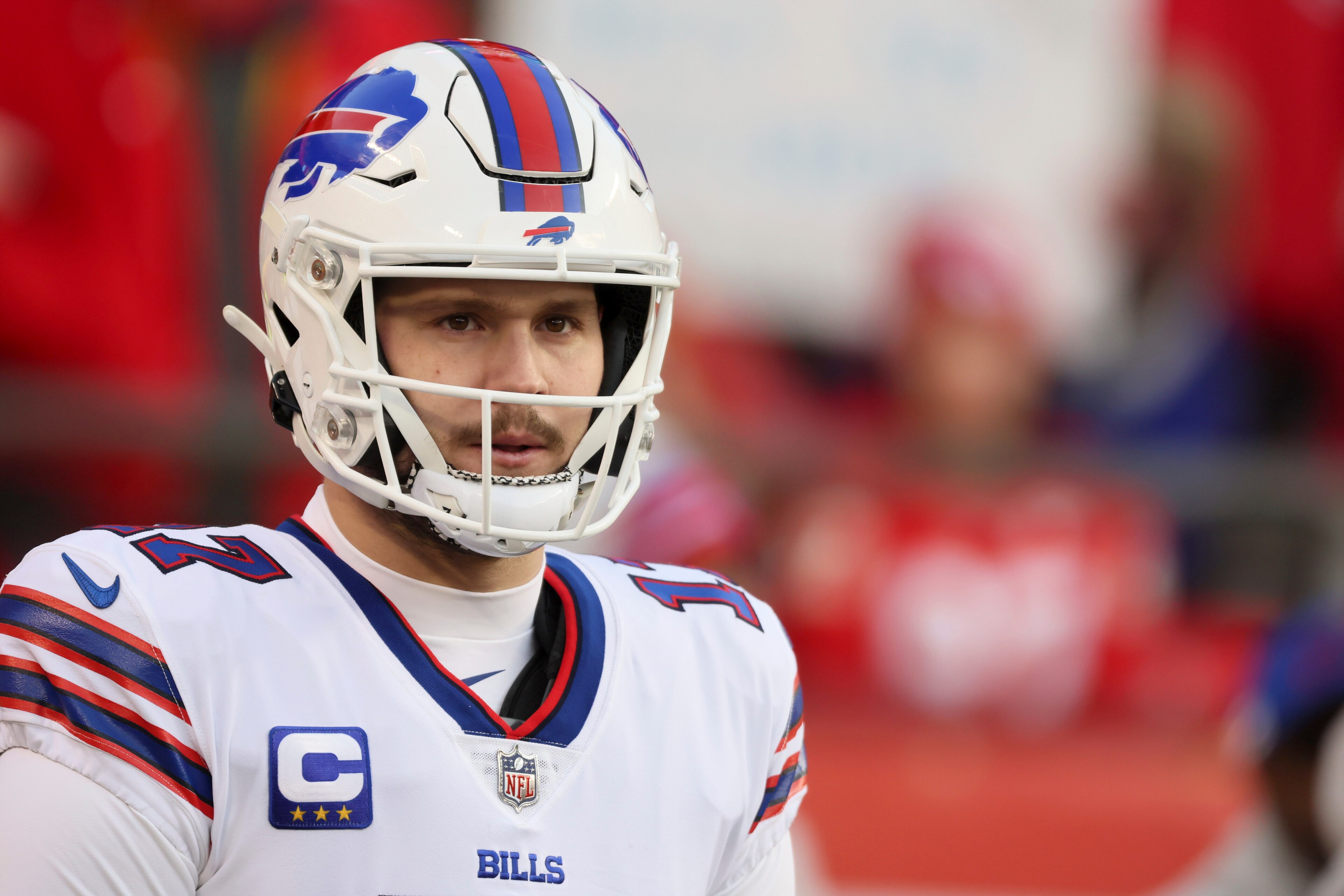Football: NFL Playoffs: Closeup of Buffalo Bills QB Josh Allen (17) during game vs Kanas City Chiefs at Arrowhead Stadium. Kansas City, MO 1/23/2022 CREDIT: David E. Klutho (Photo by David E. Klutho/Sports Illustrated via Getty Images) (Set Number: X163914 TK1)