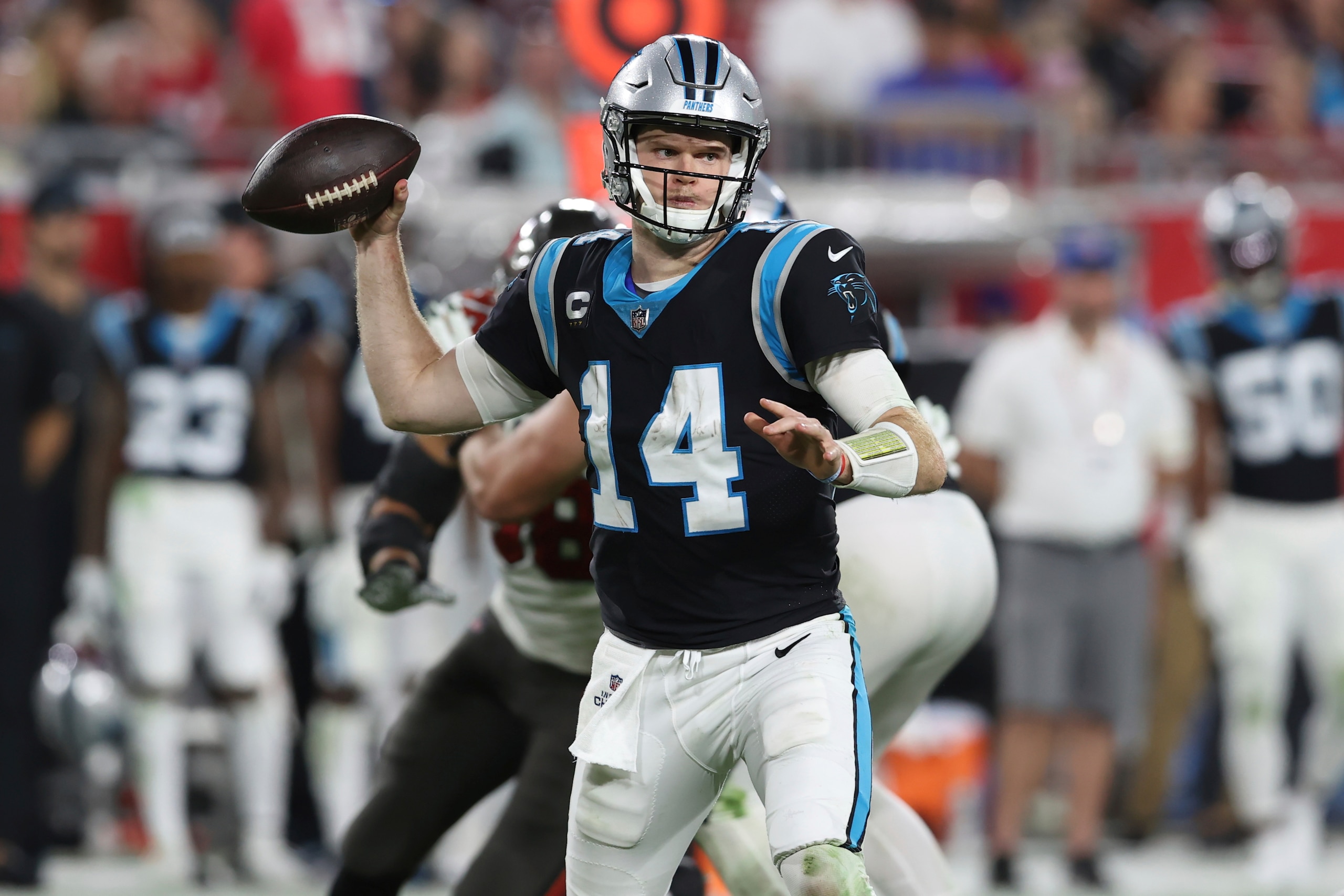 Carolina Panthers quarterback Sam Darnold (14) throws a pass against the Tampa Bay Buccaneers during the second half of an NFL football game Sunday, Jan. 9, 2022, in Tampa, Fla. (AP Photo/Mark LoMoglio)