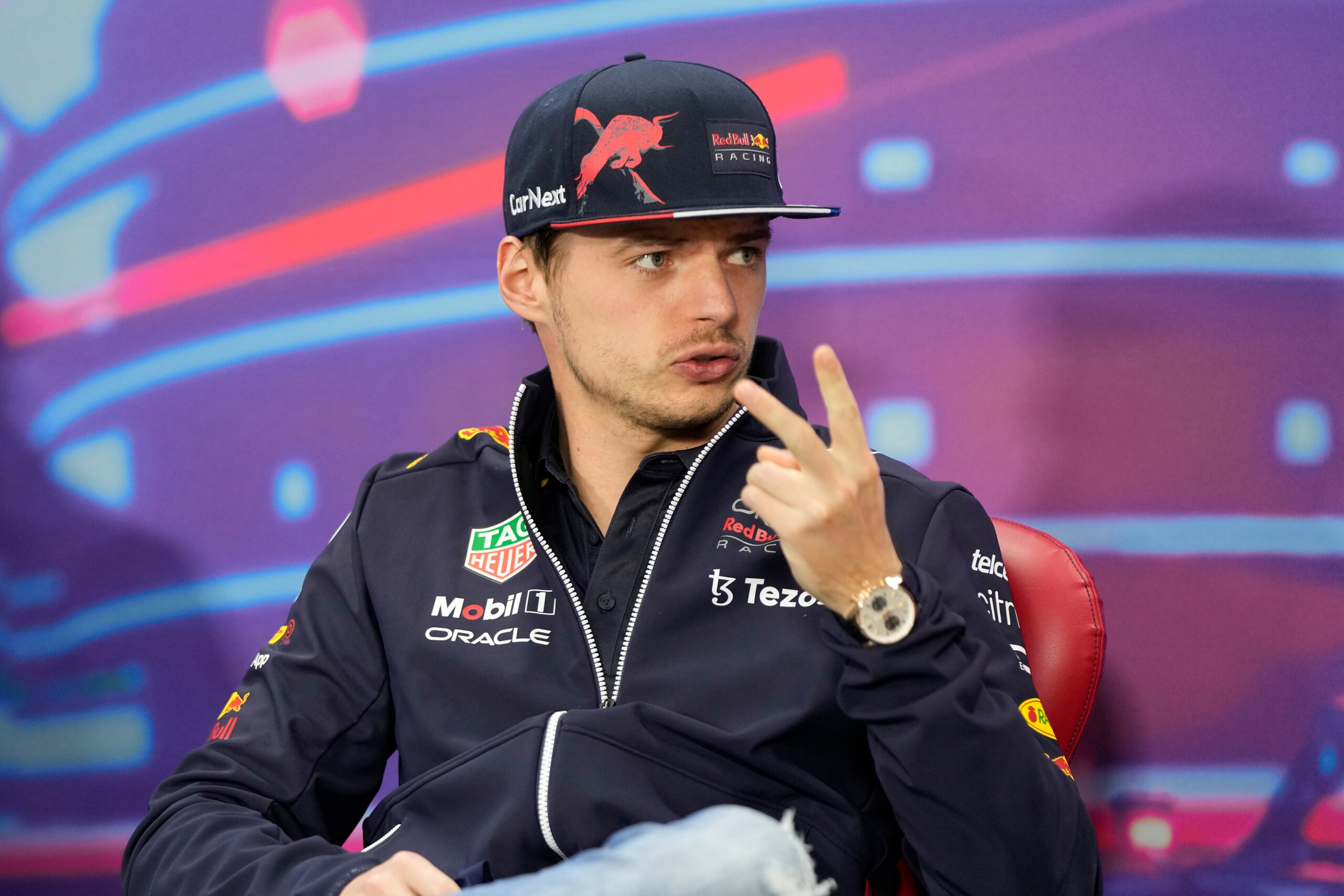 Red Bull driver Max Verstappen of the Netherlands speaks ahead of a press conference at the Formula One Bahrain International Circuit in Sakhir, Bahrain, Friday, March 18, 2022. The Bahrain Formula One Grand Prix will take place here on Sunday. (AP Photo/Hassan Ammar)