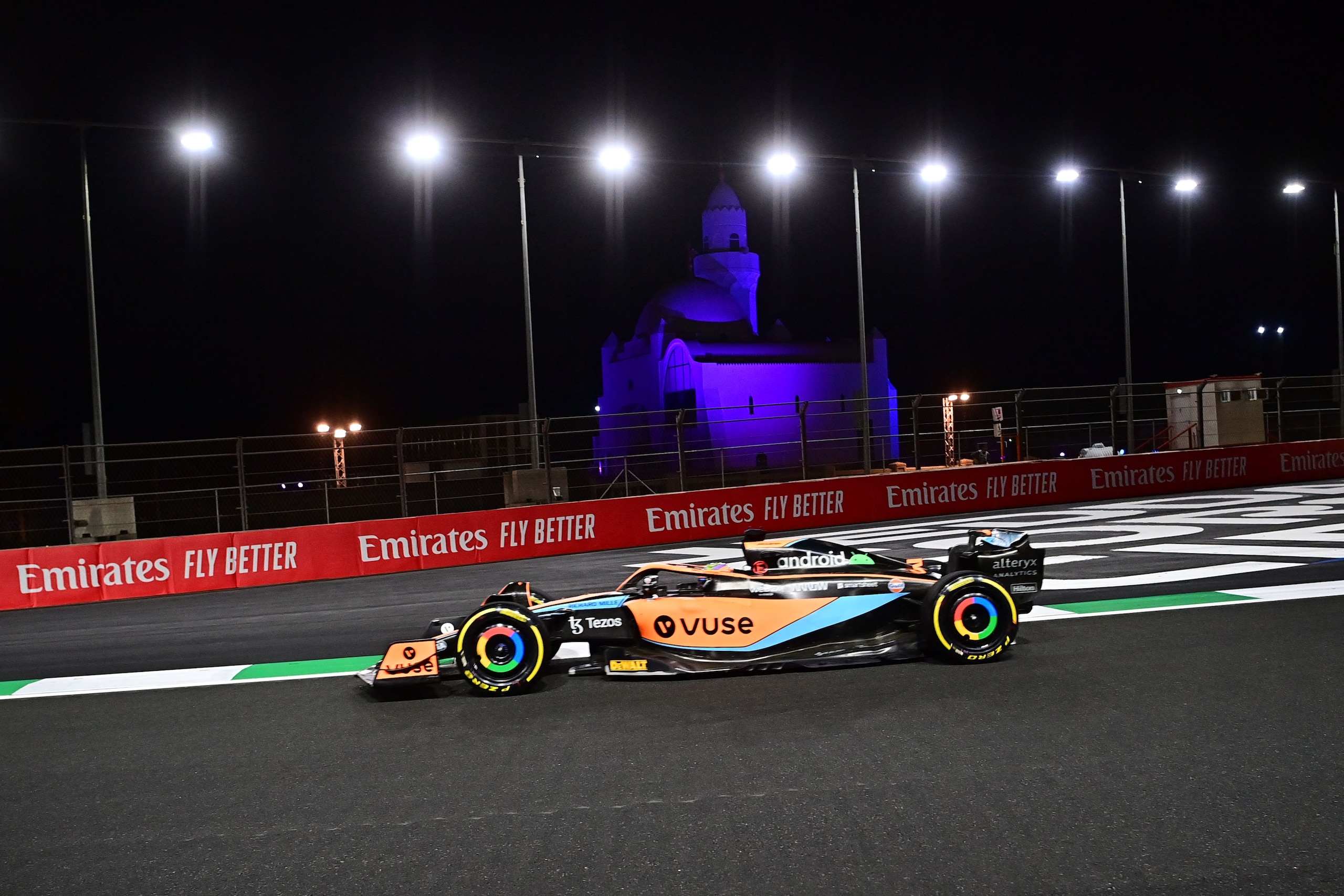 McLaren's Australian driver Daniel Ricciardo drives during the second practice session ahead of the 2022 Saudi Arabia Formula One Grand Prix at the Jeddah Corniche Circuit on March 25, 2022. (Photo by ANDREJ ISAKOVIC / AFP) (Photo by ANDREJ ISAKOVIC/AFP via Getty Images)