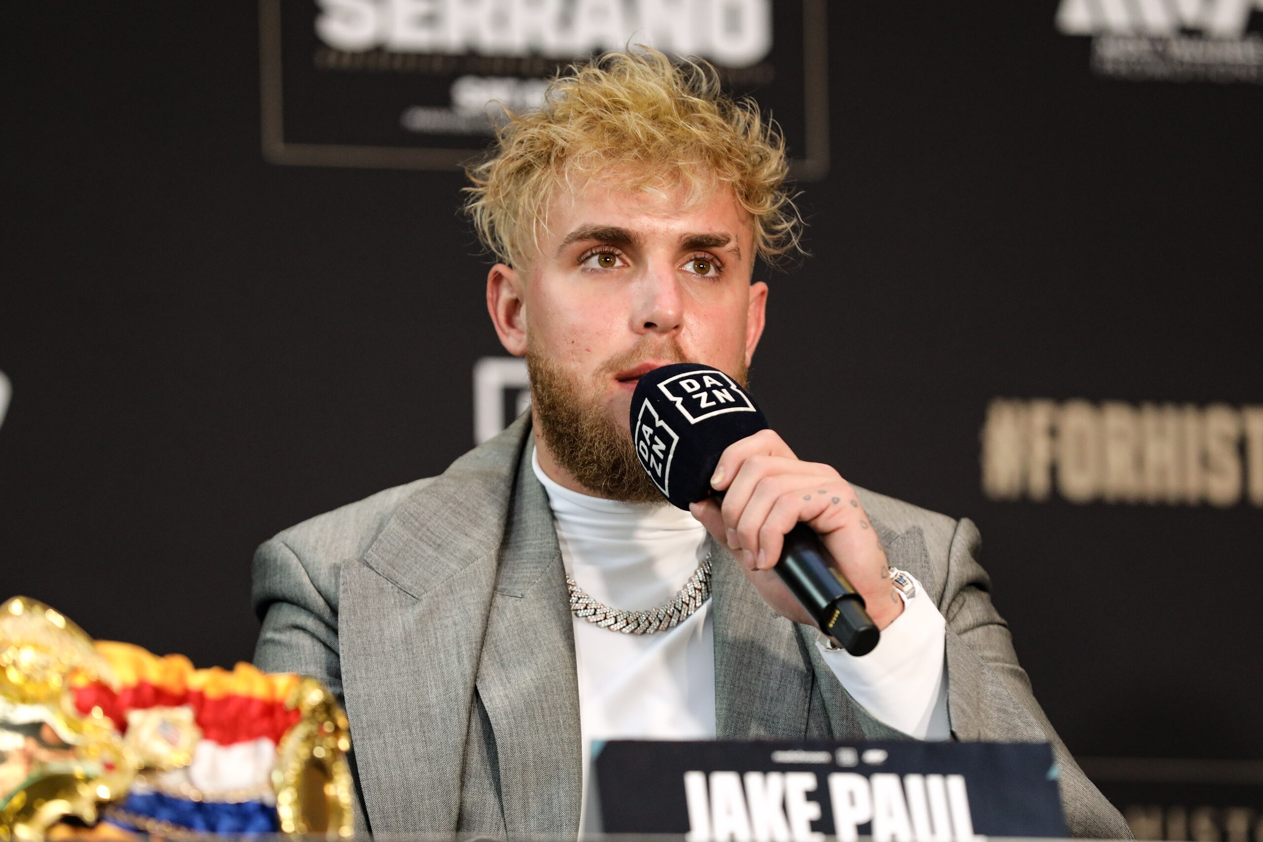 NEW YORK, NEW YORK - FEBRUARY 02: Jake Paul co-founder of Most Valuable Promotions speaks to the media at the press conference announcing Katie Taylor and Amanda Serrano's upcoming fight at Madison Square Garden on February 02, 2022 in New York City. Undisputed World Lightweight champion Katie Taylor will face seven-weight World champion Amanda Serrano for the historic bout at Madison Square Garden on April 30, 2022. (Photo by J. Yim/Getty Images)