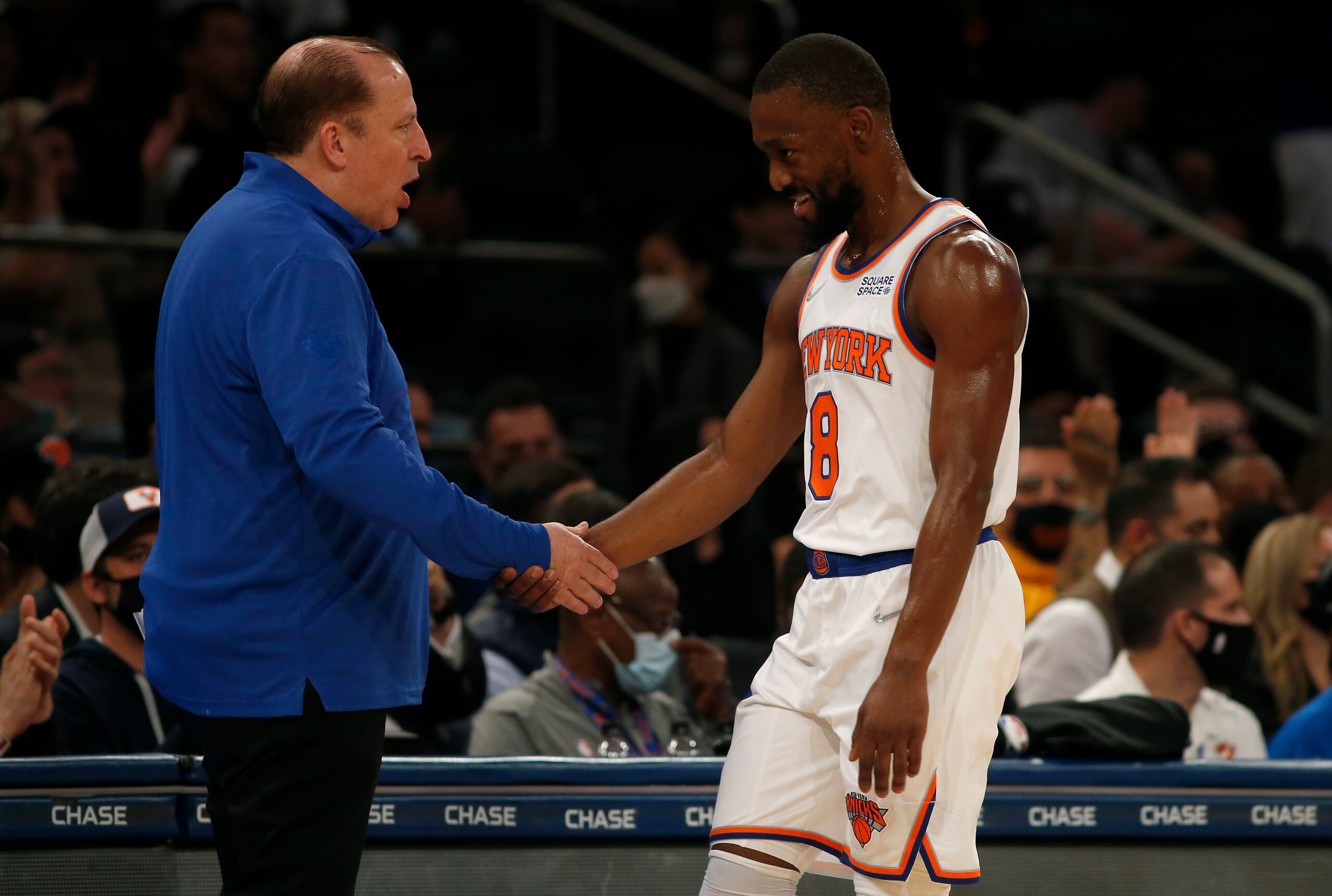NEW YORK, NEW YORK - OCTOBER 05:  (NEW YORK DAILIES OUT)  Head coach Tom Thibodeau and Kemba Walker #8 of the New York Knicks in action against the Indiana Pacers at Madison Square Garden on October 05, 2021 in New York City. The Knicks defeated the pacers 125-104. NOTE TO USER: User expressly acknowledges and agrees that, by downloading and or using this photograph, user is consenting to the terms and conditions of the Getty Images License Agreement. (Photo by Jim McIsaac/Getty Images)