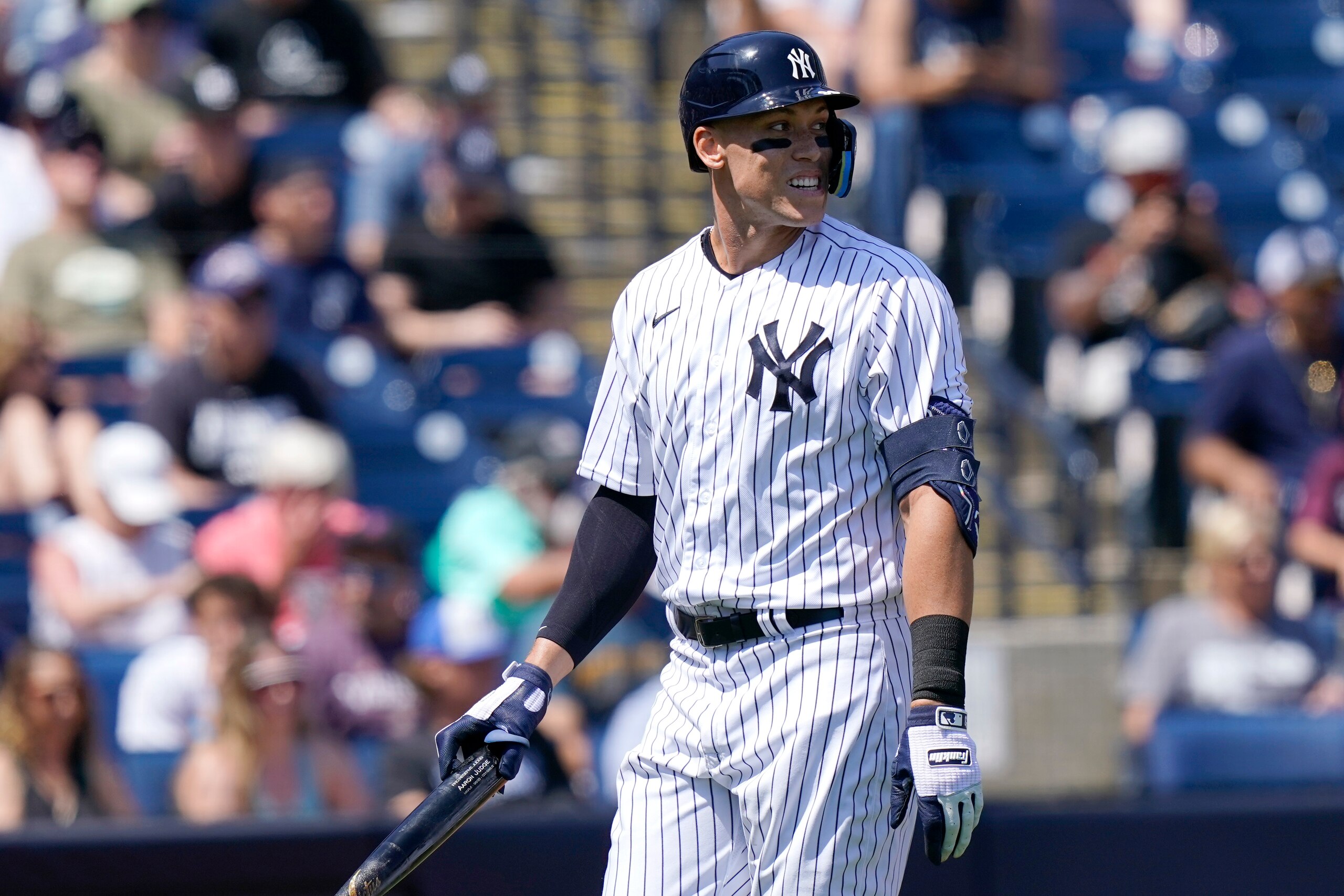 New York Yankees' Aaron Judge walks to the dugout after striking out swinging during the first inning of a spring training baseball game against the Detroit Tigers, Sunday, March 20, 2022, in Tampa, Fla. (AP Photo/Lynne Sladky) New York Yankees' Aaron Judge walks to the dugout after striking out swinging during the first inning of a spring training baseball game against the Detroit Tigers, Sunday, March 20, 2022, in Tampa, Fla. (AP Photo/Lynne Sladky)