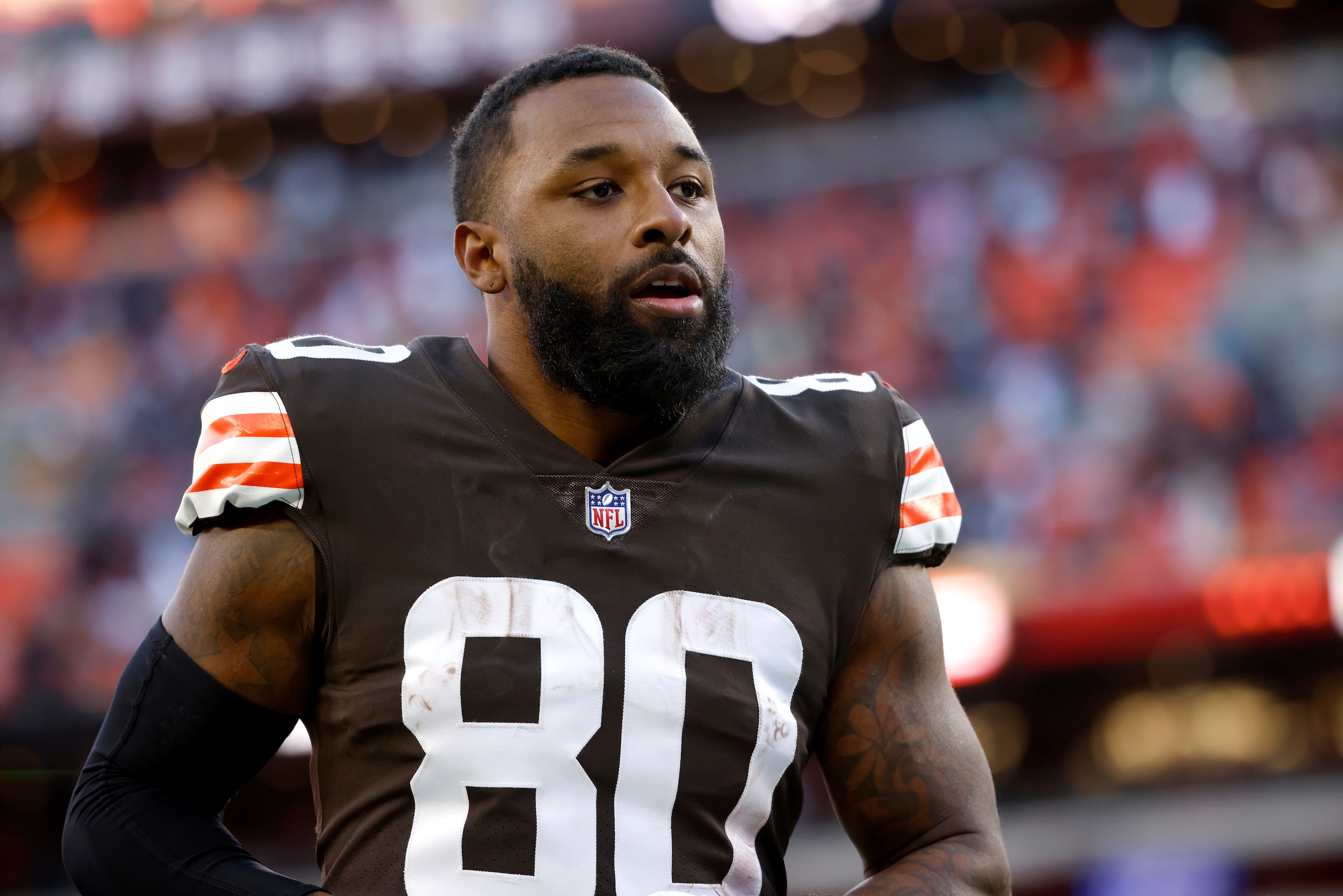 FILE - Cleveland Browns wide receiver Jarvis Landry (80) jogs off of the field after an NFL football game against the Baltimore Ravens, Sunday, Dec. 12, 2021, in Cleveland. For the second straight season, the Browns are dealing with a major COVID-19 outbreak during their playoff push. Cleveland's postseason hopes were rocked Tuesday, Dec. 14, 2021 when the team placed eight players, including Landry, tight end Austin Hooper and starting offensive linemen Wyatt Teller and Jedrick Wills Jr. on the reserve COVID-19 list. (AP Photo/Kirk Irwin) FILE - Cleveland Browns wide receiver Jarvis Landry (80) jogs off of the field after an NFL football game against the Baltimore Ravens, Sunday, Dec. 12, 2021, in Cleveland. For the second straight season, the Browns are dealing with a major COVID-19 outbreak during their playoff push. Cleveland's postseason hopes were rocked Tuesday, Dec. 14, 2021 when the team placed eight players, including Landry, tight end Austin Hooper and starting offensive linemen Wyatt Teller and Jedrick Wills Jr. on the reserve COVID-19 list. (AP Photo/Kirk Irwin)