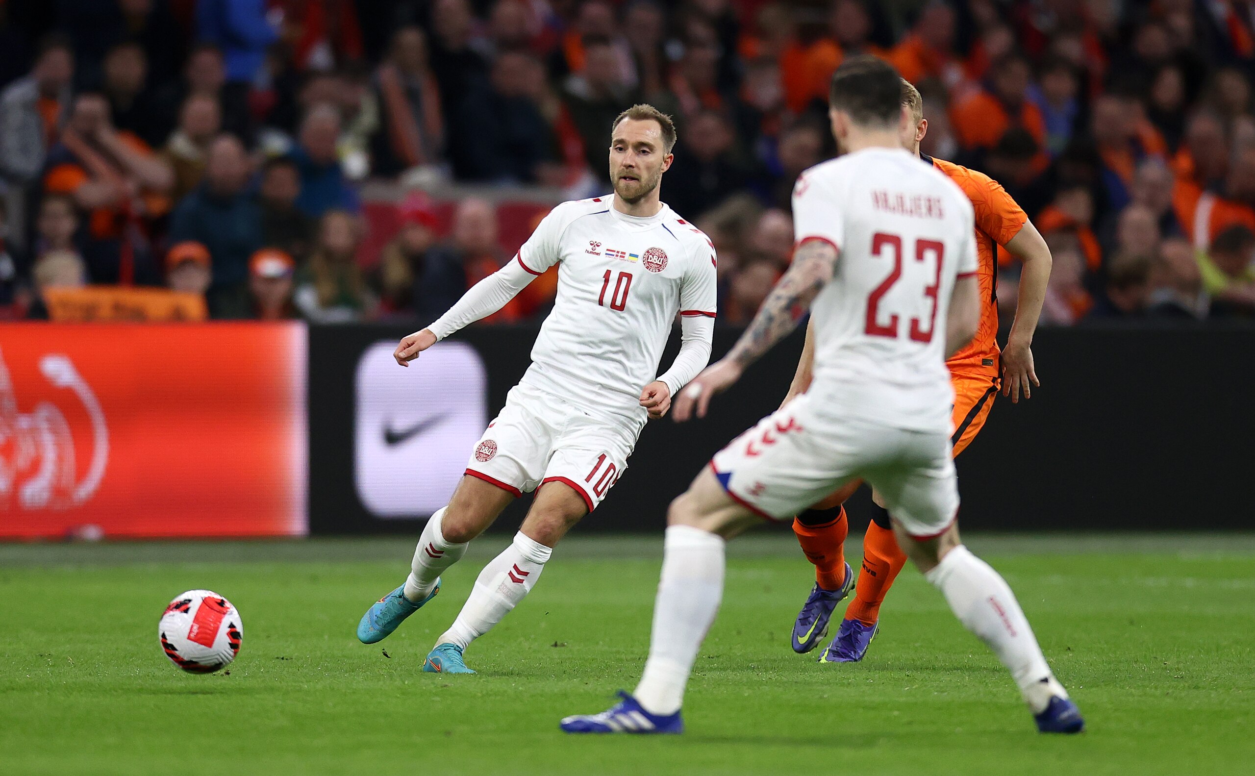 AMSTERDAM, NETHERLANDS - MARCH 26: Christian Eriksen of Denmark runs with the ball during the International Friendly match between Netherlands and Denmark at Johan Cruijff Arena on March 26, 2022 in Amsterdam, Netherlands. (Photo by Dean Mouhtaropoulos/Getty Images) AMSTERDAM, NETHERLANDS - MARCH 26: Christian Eriksen of Denmark runs with the ball during the International Friendly match between Netherlands and Denmark at Johan Cruijff Arena on March 26, 2022 in Amsterdam, Netherlands. (Photo by Dean Mouhtaropoulos/Getty Images)