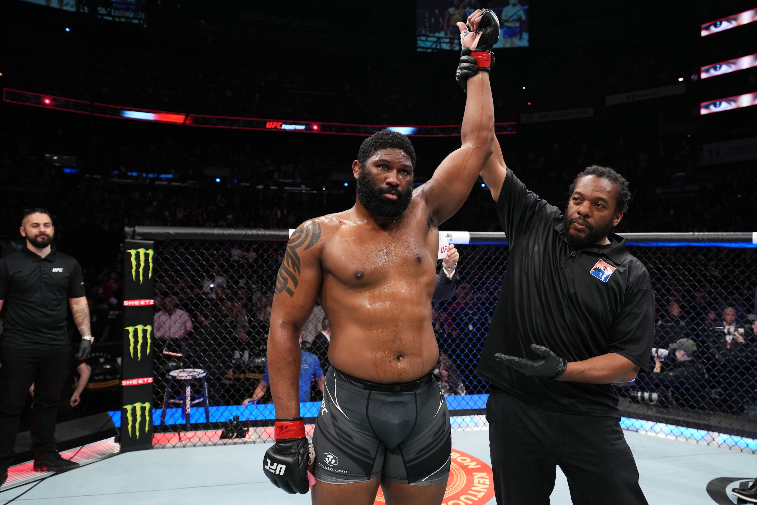 COLUMBUS, OHIO - MARCH 26:  Curtis Blaydes celebrates his victory over Chris Daukaus in a heavyweight fight during the UFC Fight Night event at Nationwide Arena on March 26, 2022 in Columbus, Ohio. (Photo by Josh Hedges/Zuffa LLC)