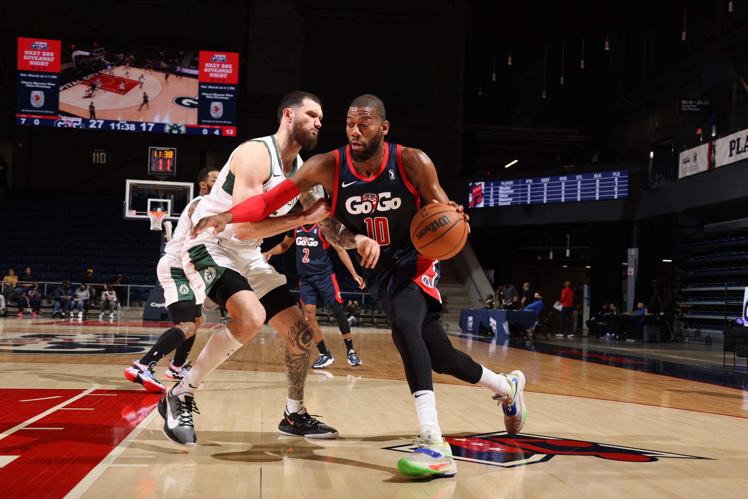 WASHINGTON, DC - MARCH 20: Greg Monroe #10 of the Capital City GoGo drives to the basket against the Wisconsin Herd during an NBA G-League game on March 20, 2022 at Entertainment and Sports Arena in Washington, DC. NOTE TO USER: User expressly acknowledges and agrees that, by downloading and or using this photograph, User is consenting to the terms and conditions of the Getty Images License Agreement. Mandatory Copyright Notice: Copyright 2022 NBAE (Photo by Stephen Gosling/NBAE via Getty Images)