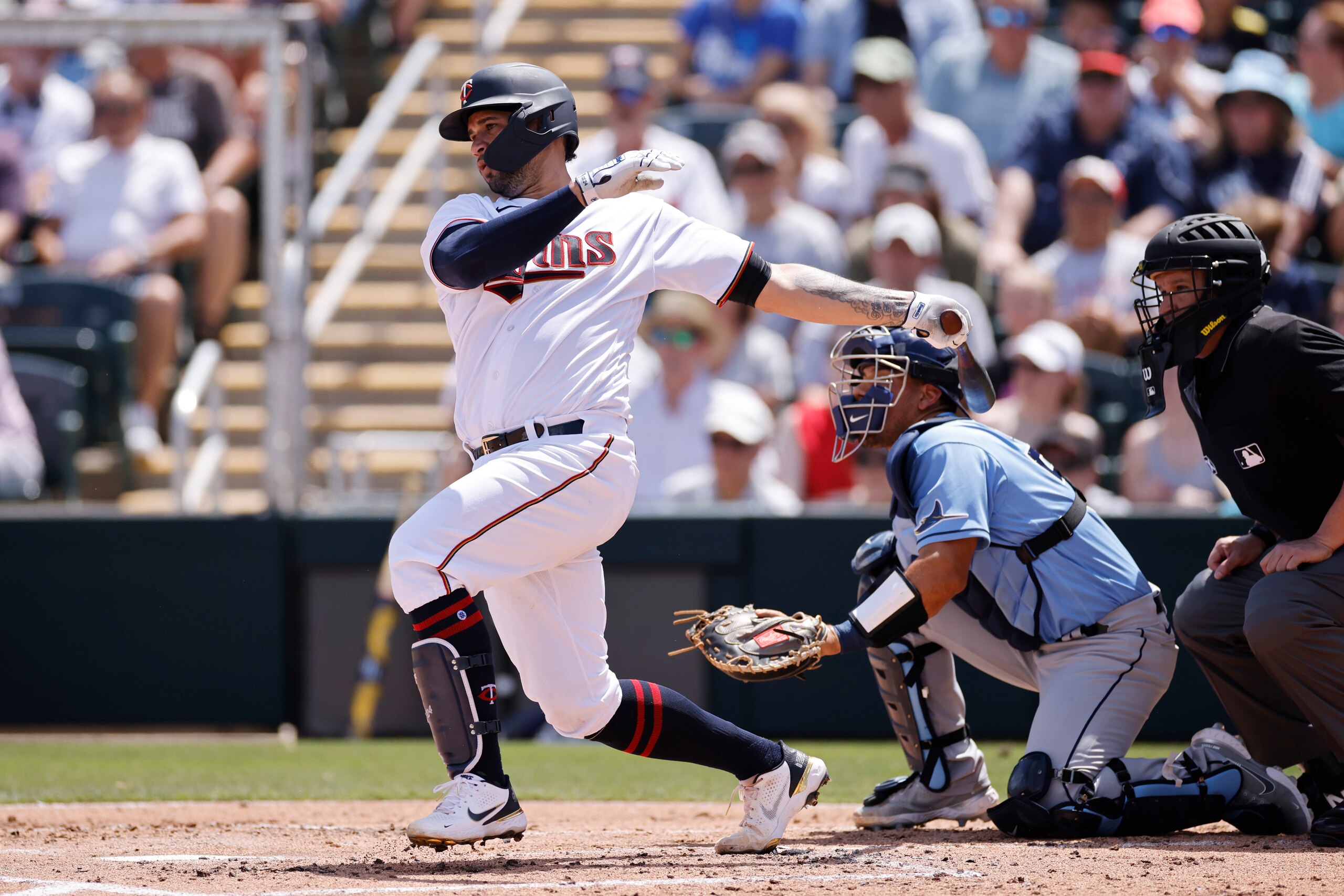 FORT MYERS, FL - MARCH 24: Minnesota Twins catcher Gary Sanchez (24) bats during a spring training baseball game against the Tampa Bay Rays on March 24, 2022 at Hammond Stadium in Fort Myers, Florida. (Photo by Joe Robbins/Icon Sportswire via Getty Images) FORT MYERS, FL - MARCH 24: Minnesota Twins catcher Gary Sanchez (24) bats during a spring training baseball game against the Tampa Bay Rays on March 24, 2022 at Hammond Stadium in Fort Myers, Florida. (Photo by Joe Robbins/Icon Sportswire via Getty Images)