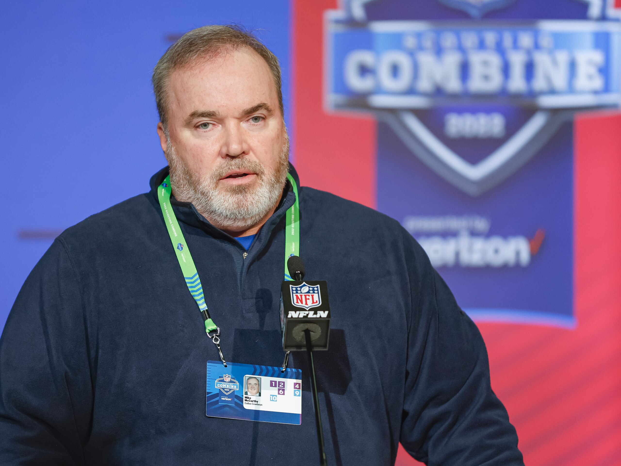 INDIANAPOLIS, IN - MAR 01: Mike McCarthy, head coach of the Dallas Cowboys speaks to reporters during the NFL Draft Combine at the Indiana Convention Center on March 1, 2022 in Indianapolis, Indiana. (Photo by Michael Hickey/Getty Images)