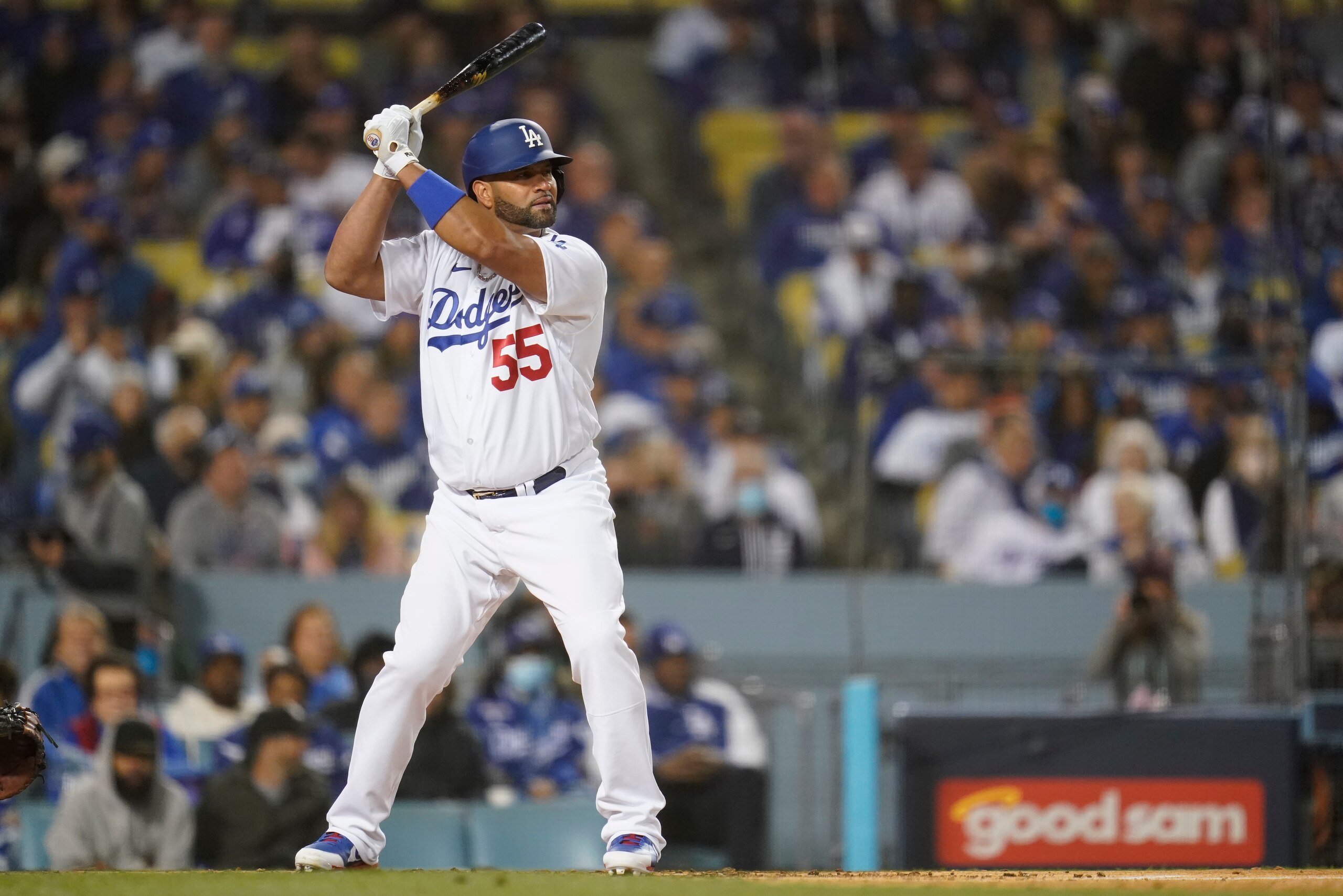 Los Angeles Dodgers' Albert Pujols eyes a pitch during the third inning of Game 3 of a baseball National League Division Series against the San Francisco Giants, Monday, Oct. 11, 2021, in Los Angeles. Pujols singled on the at-bat. (AP Photo/Ashley Landis) Los Angeles Dodgers' Albert Pujols eyes a pitch during the third inning of Game 3 of a baseball National League Division Series against the San Francisco Giants, Monday, Oct. 11, 2021, in Los Angeles. Pujols singled on the at-bat. (AP Photo/Ashley Landis)