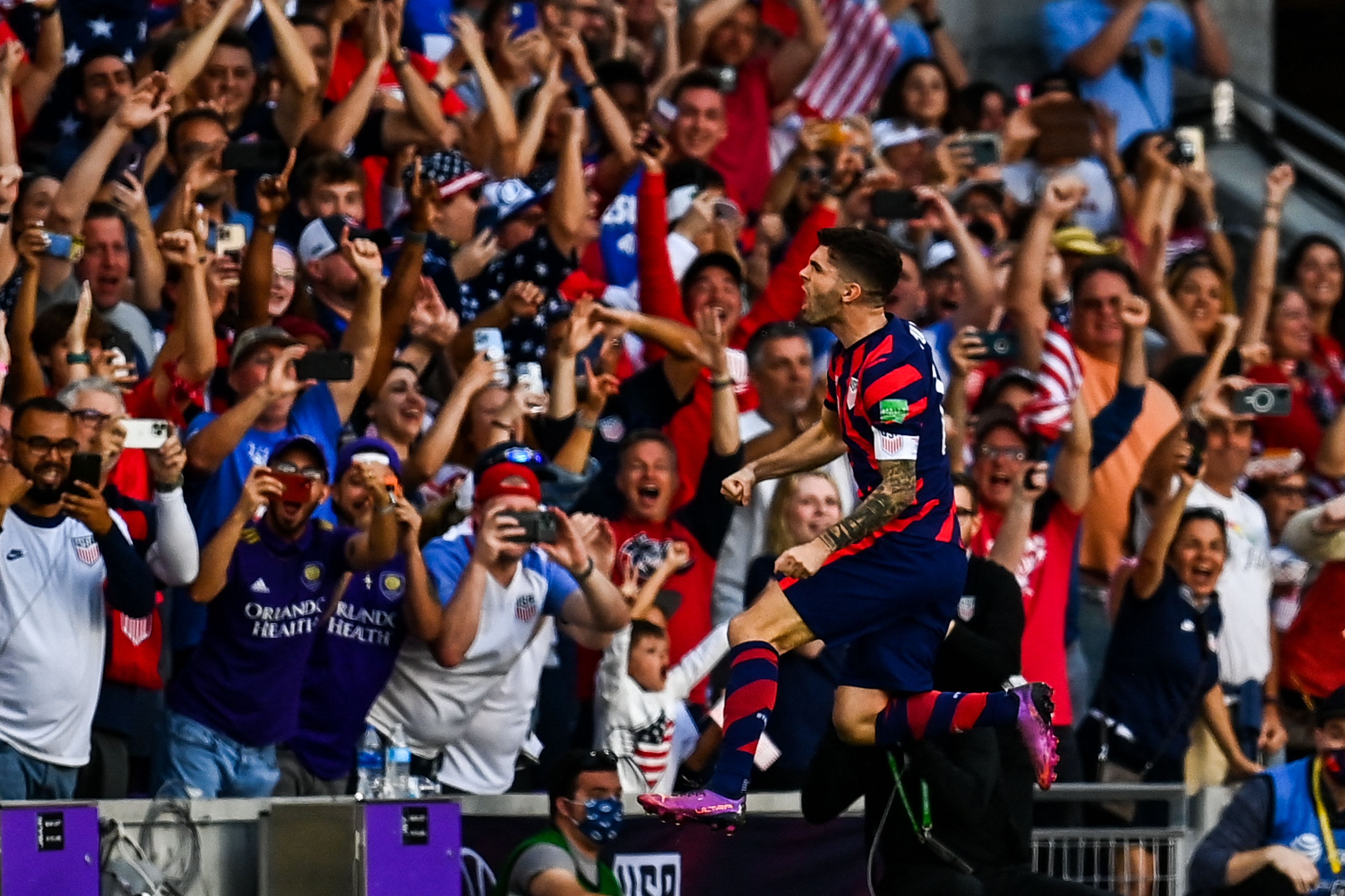USA's Christian Pulisic celebrates after scoring a goal during US Mens National Teams 2022 FIFA World Cup Qualifier vs. Panama at Exploria Stadium in Orlando, Florida on March 27, 2022. (Photo by CHANDAN KHANNA / AFP) (Photo by CHANDAN KHANNA/AFP via Getty Images)