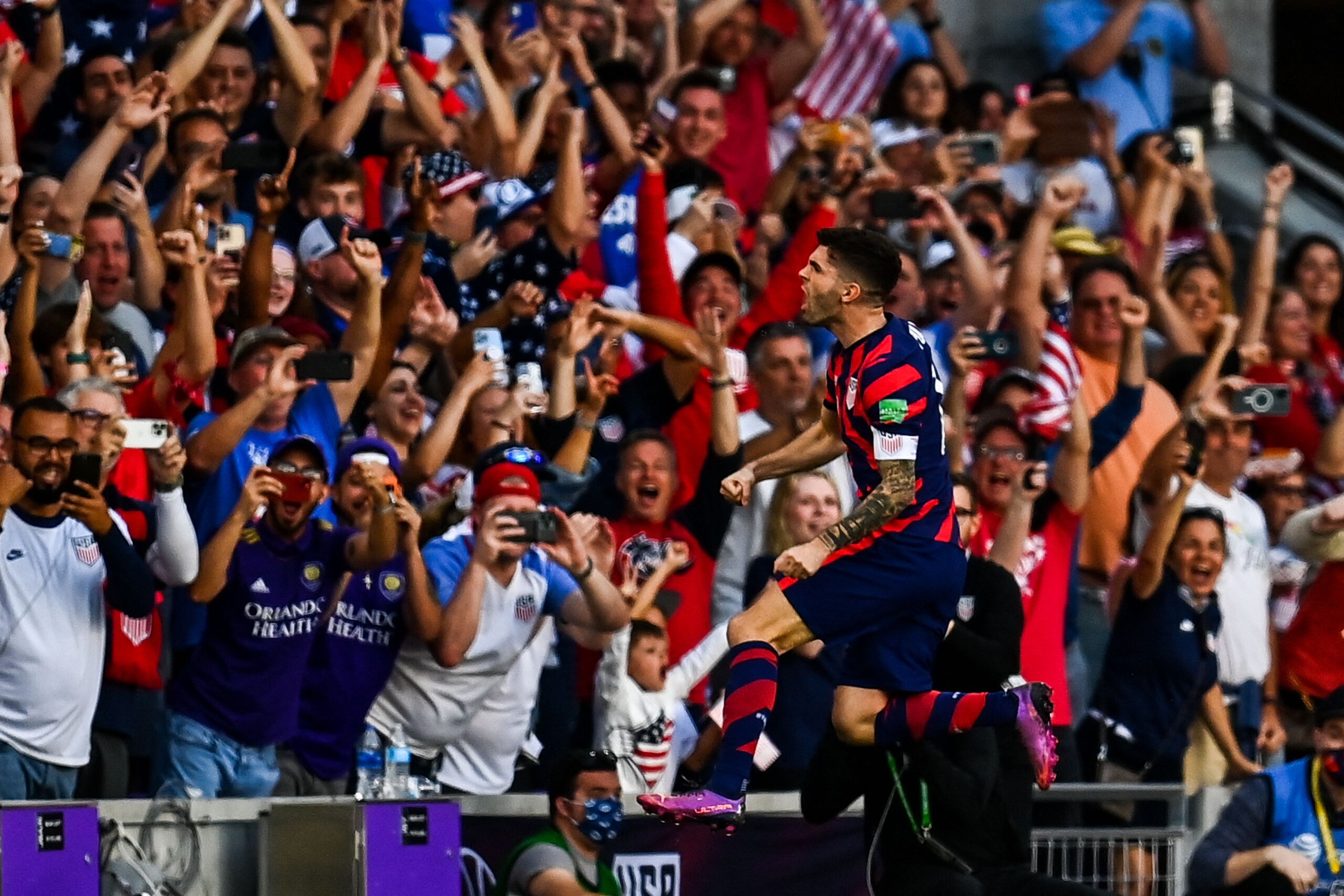 USA's Christian Pulisic celebrates after scoring a goal during US Mens National Teams 2022 FIFA World Cup Qualifier vs. Panama at Exploria Stadium in Orlando, Florida on March 27, 2022. (Photo by CHANDAN KHANNA / AFP) (Photo by CHANDAN KHANNA/AFP via Getty Images)